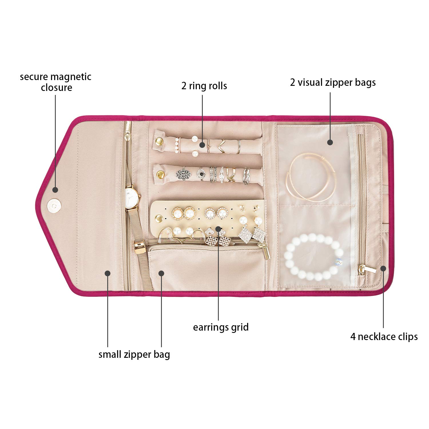 BAGSMART Travel Jewelry Organizer Storage Roll Foldable Jewelry Case Bag for Earrings, Journey-Rings, Necklaces, Bracelets, Brooches, Medium Size, Rose
