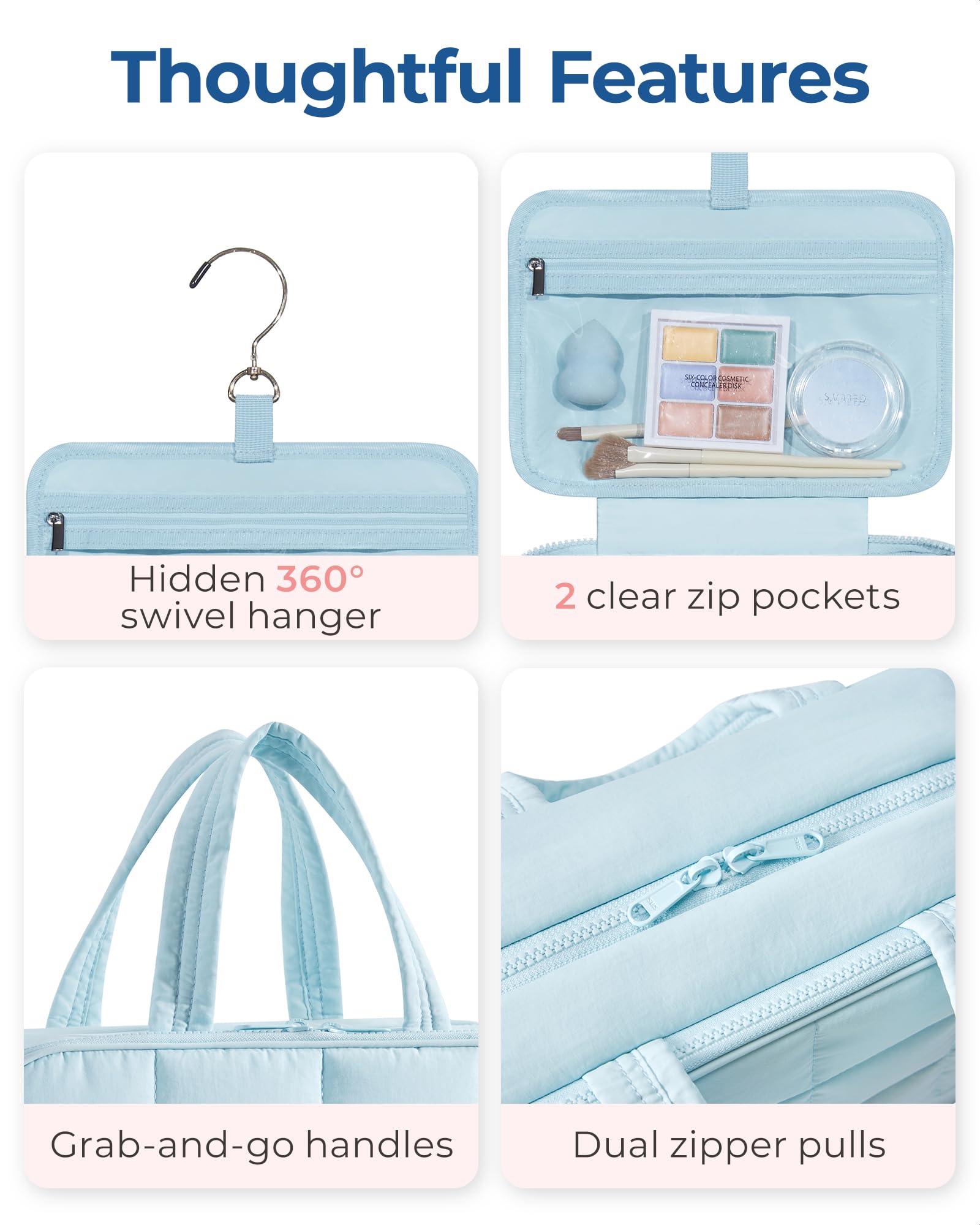 BAGSMART Travel Toiletry Bag with Jewelry Organizer, Puffy Makeup Cosmetic Bag with Hanging Hook for Toiletries Accessories Essentials, Women & Men, Medium Size-Light Blue