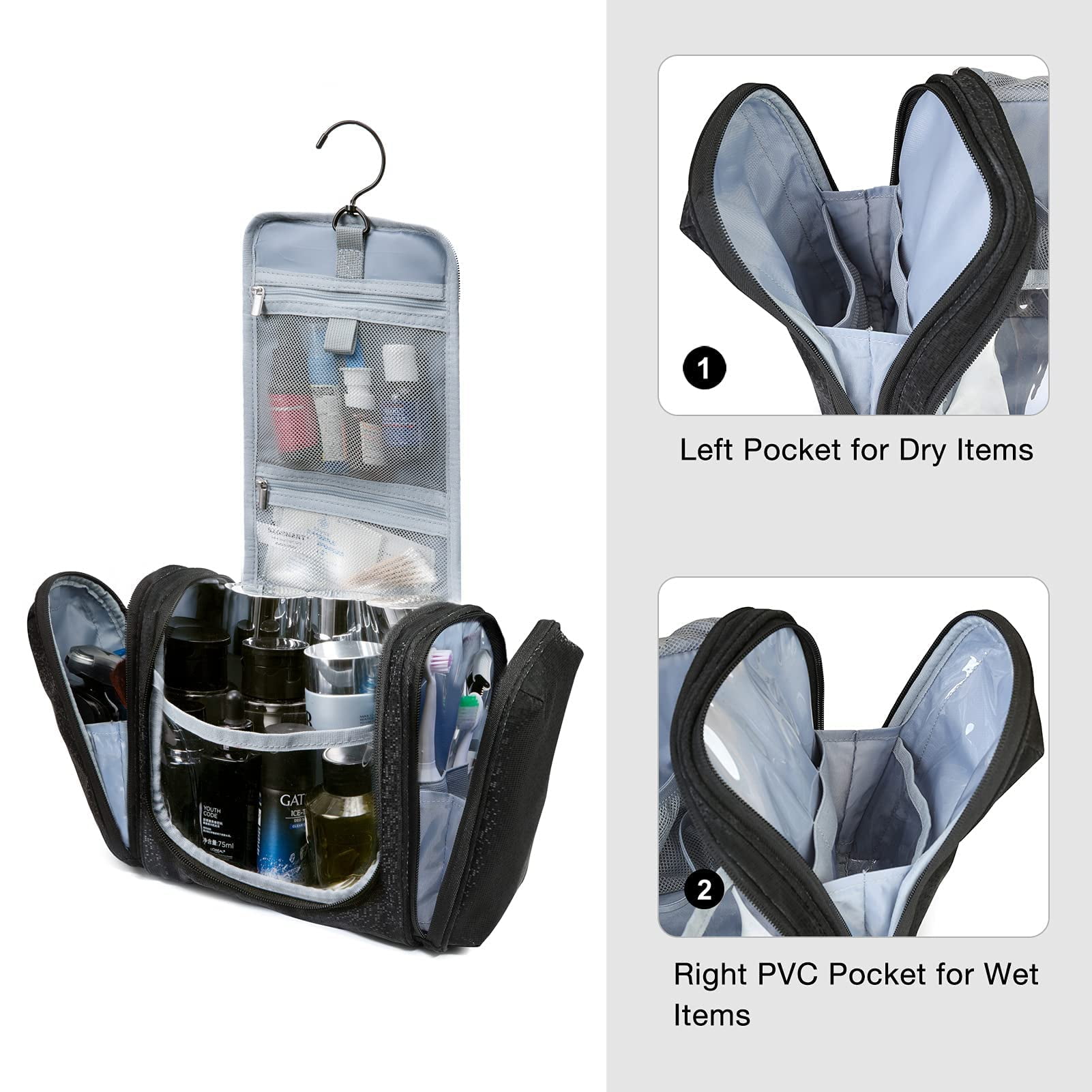 BAGSMART Extra Large Toiletry Bag Hanging Travel Makeup Cosmetic Bag, Water-resistant Large Capacity Travel Toiletries Organizer for Essentials, Women & Men, Medium Size-Black