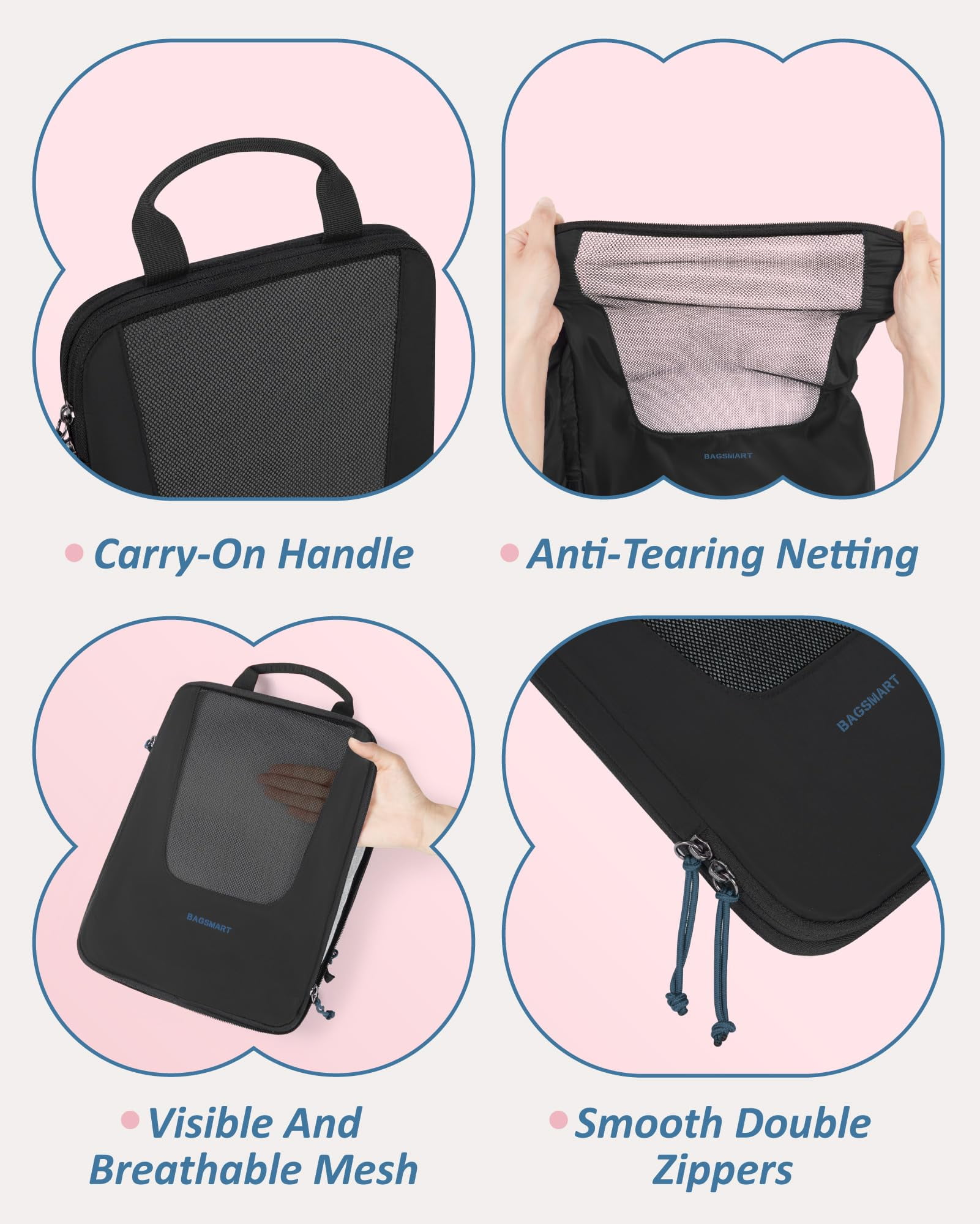 BAGSMART Compression Packing Cubes for Travel Luggage, 6 Piece Expandable Foldable Lightweight Suitcase Organizers Bags Set for Travel Accessories Essentials, Black