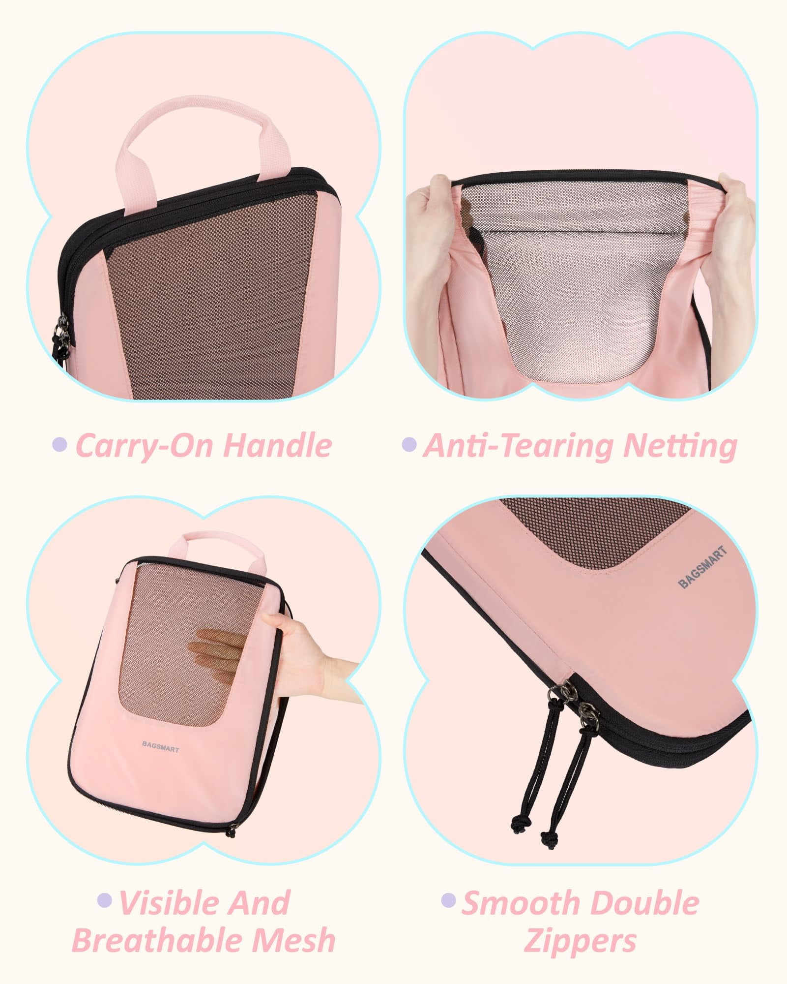 BAGSMART Set of 6 Compression Packing Cubes for Travel, Packing Organizers for Suitcases, Luggage Storage Bags Sets with Shoe & Laundry Bag, Expandable Foldable Lightweight, Baby Pink