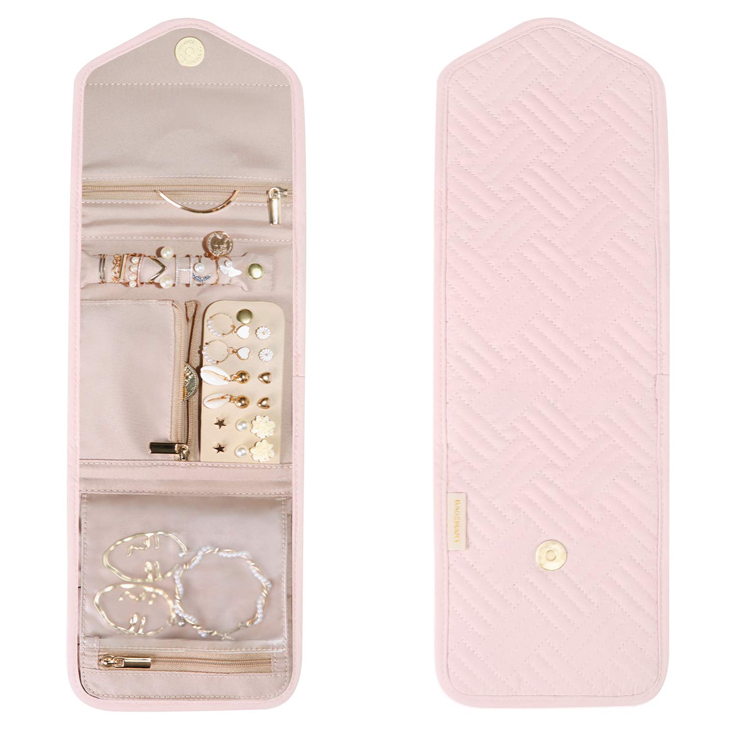 BAGSMART Travel Jewelry Organizer Storage Roll Foldable Jewelry Case Bag for Earrings, Journey-Rings, Necklaces, Bracelets, Brooches, Basic Size, Light Pink