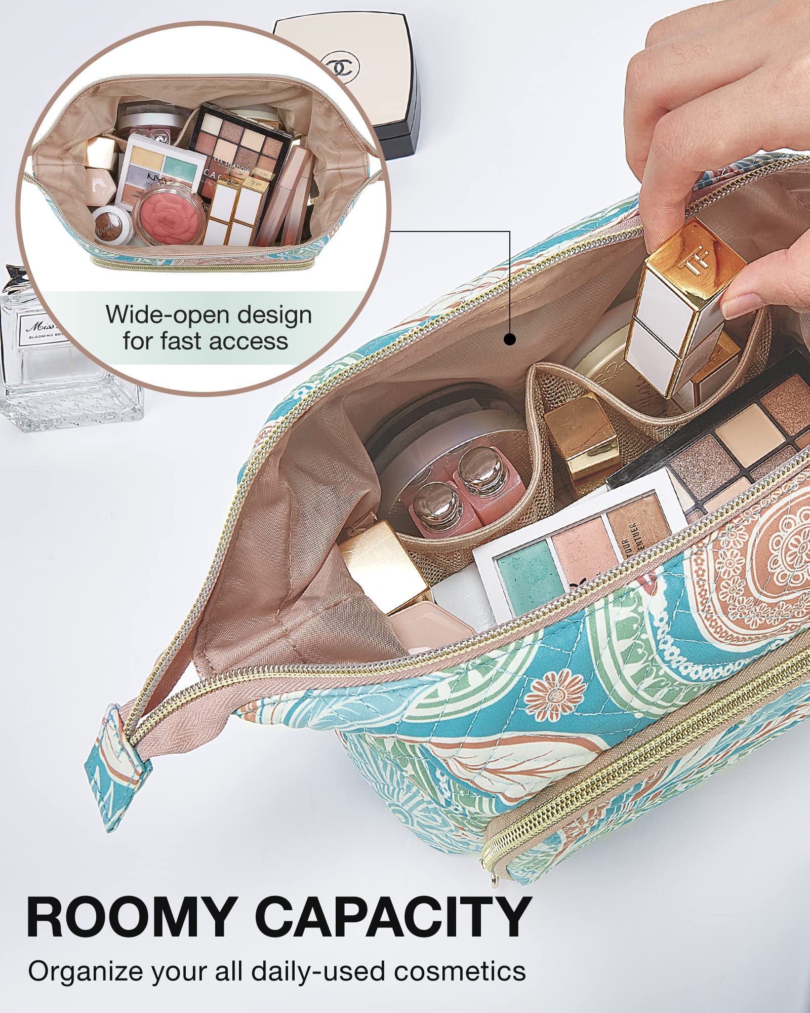 BAGSMART Large Size Makeup Bag Cosmetic Pouch, Travel Toiletry Bag Organizer Case for Lipsticks Electonic Accessories, Waterproof, Portable, Multifunction, Women and Girls, Paisley Blue