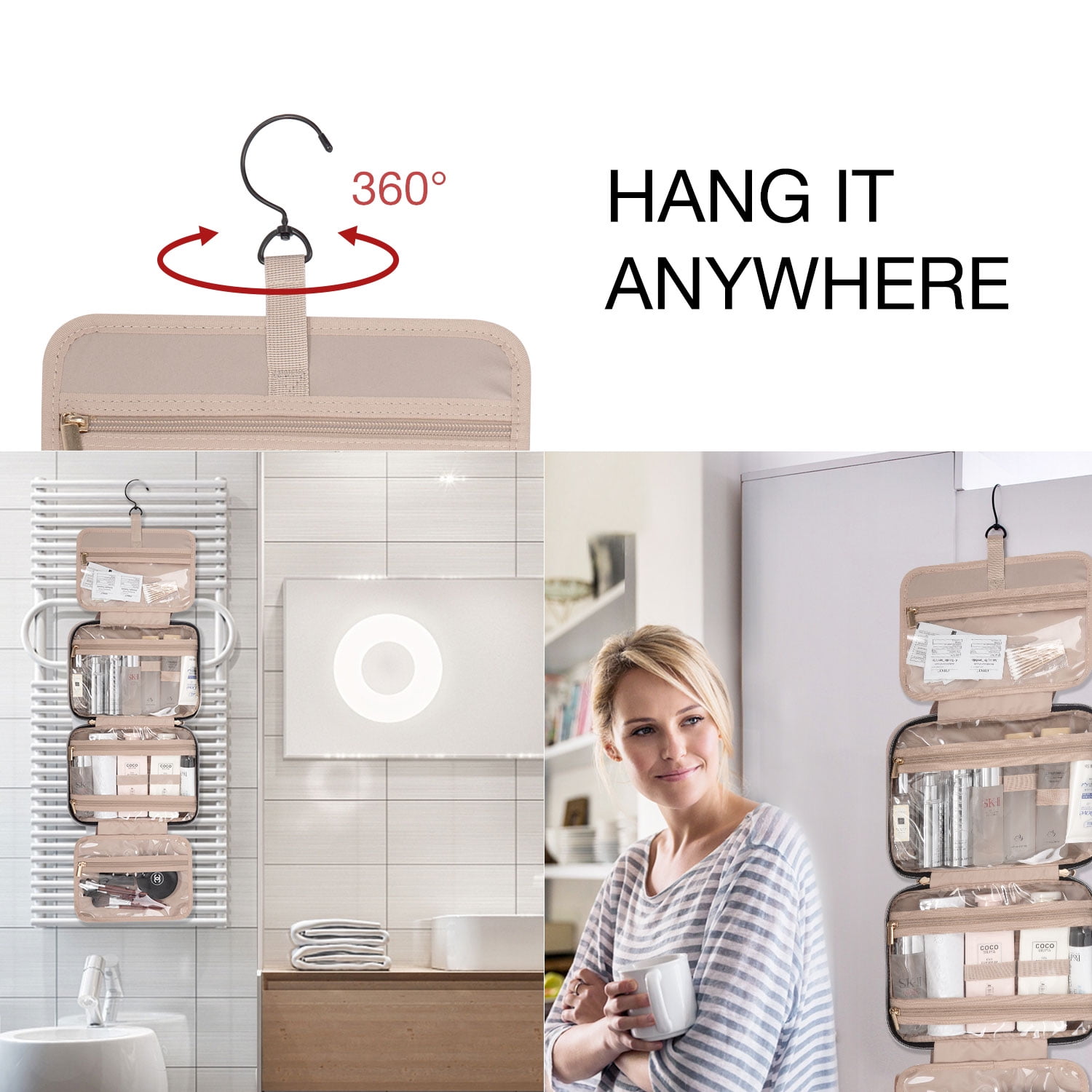 BAGSMART Large Size Travel Toiletry Bag with Hanging Hook, Water-resistant Makeup Cosmetic Bag Organizer for Toiletries Accessories, Travel Essentials, Pink