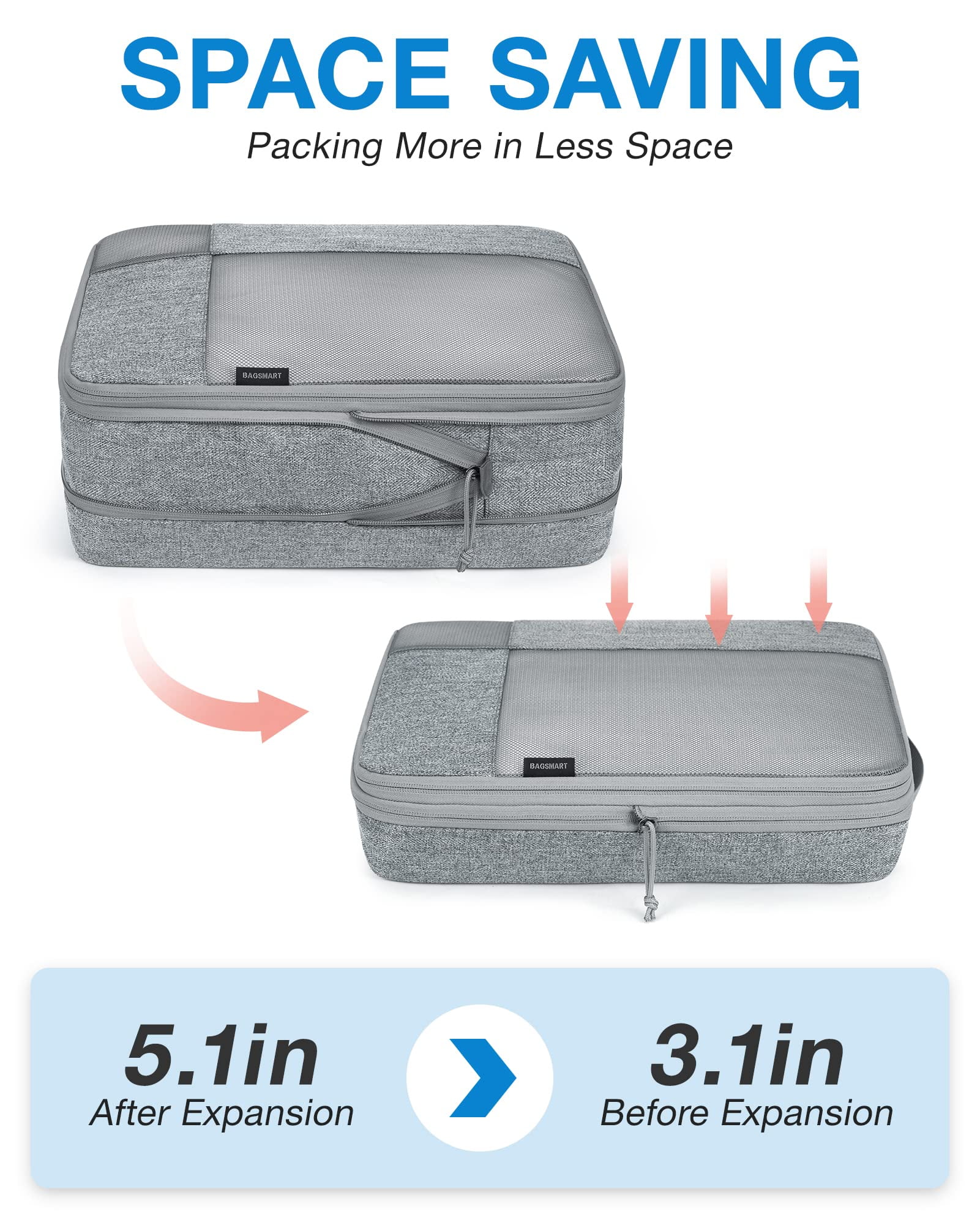 BAGSMART Compression Packing Cubes for Travel, 6 Set Expandable Foldable Lightweight Luggage Suitcase Organizers Storage Bags for Travel Accessories Essentials, Gray