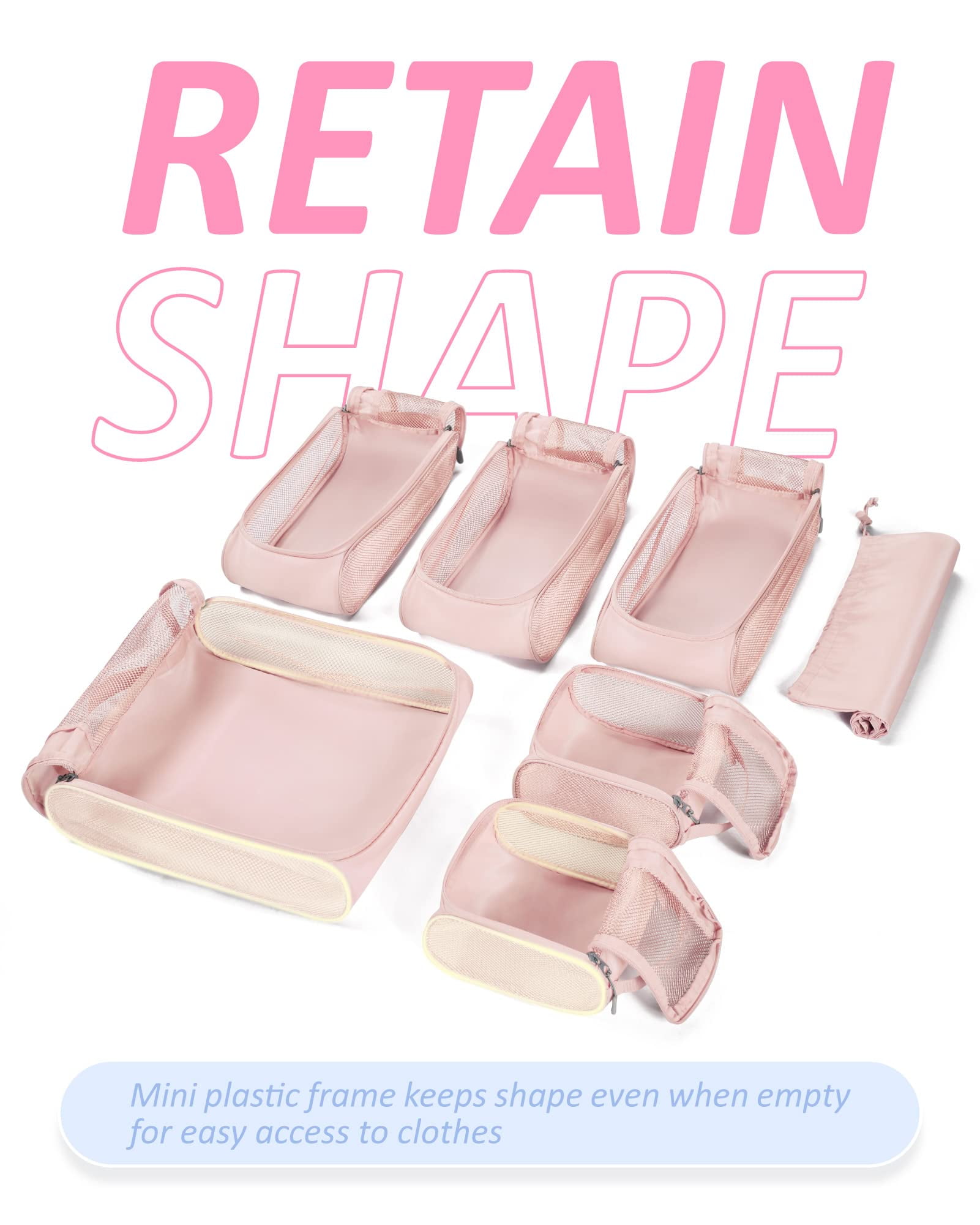 BAGSMART Packing Cubes for Luggage, 7 Set Keep Shape Travel Packing Organizers, Lightweight Suitcase Storage Bags for Travel Accessories with Shoe Bag for Women Men, Baby Pink