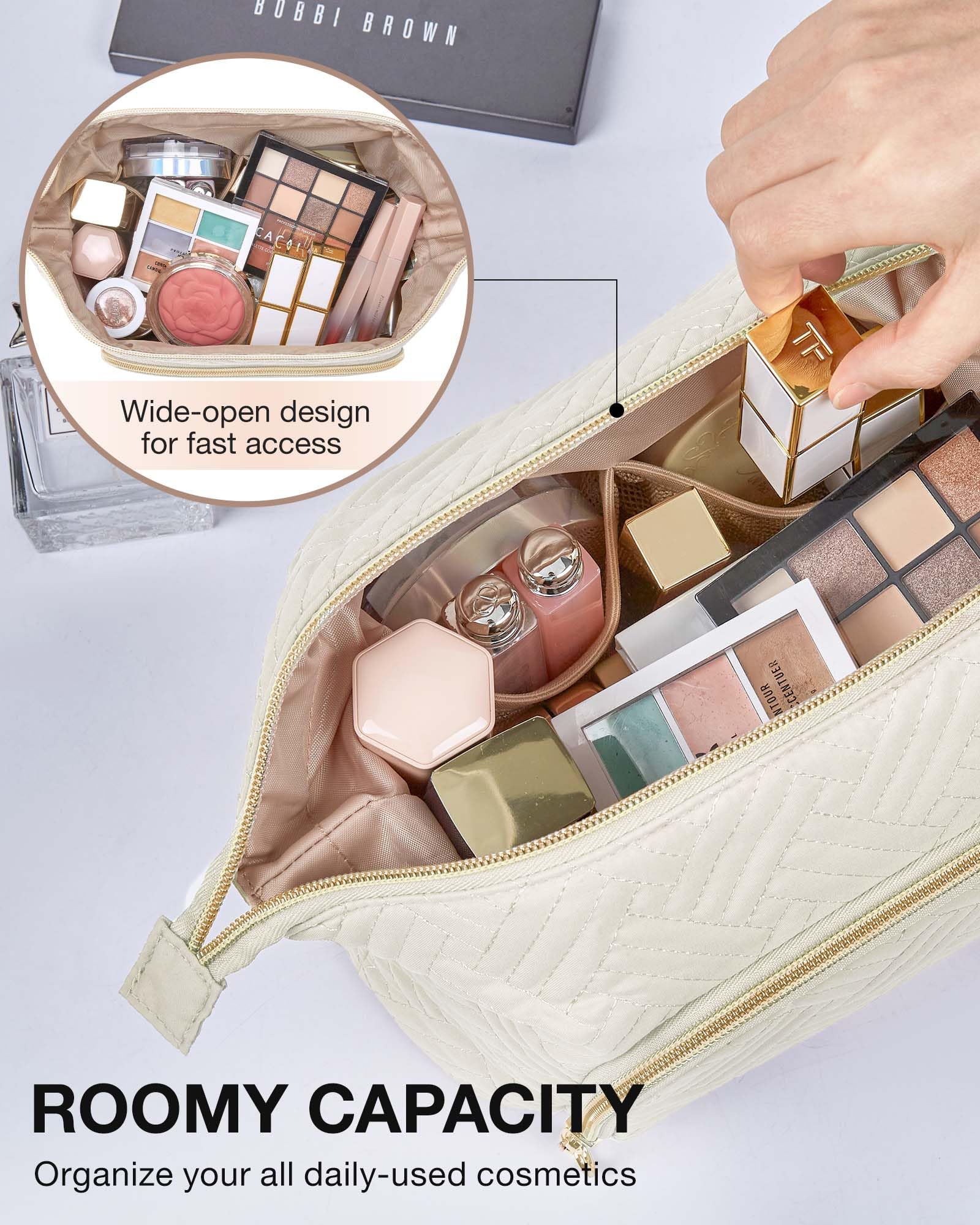 BAGSMART Large Size Makeup Bag Cosmetic Pouch, Travel Toiletry Bag Organizer Case for Lipsticks Electonic Accessories, Waterproof, Portable, Multifunction, Women and Girls, Beige