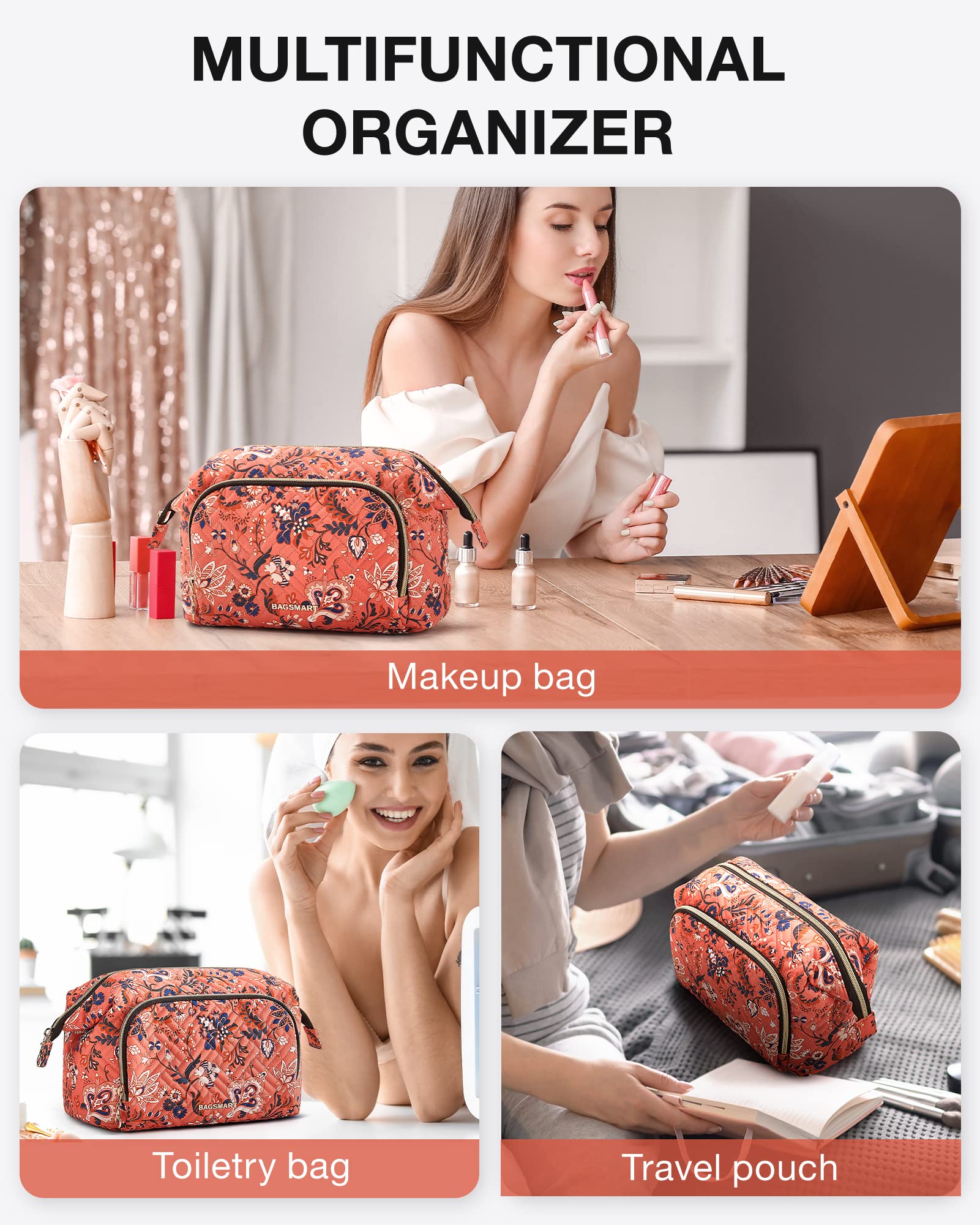 BAGSMART Large Size Makeup Bag Cosmetic Pouch, Travel Toiletry Bag Organizer Case for Lipsticks Electonic Accessories, Waterproof, Portable, Multifunction, Women and Girls, Paisley Red