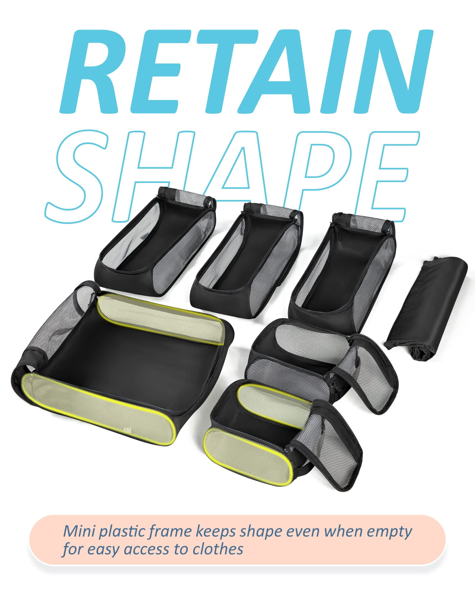 BAGSMART Packing Cubes for Luggage, 7 Set Keep Shape Travel Packing Organizers, Lightweight Suitcase Storage Bags for Travel Accessories with Shoe Bag for Women Men, Black