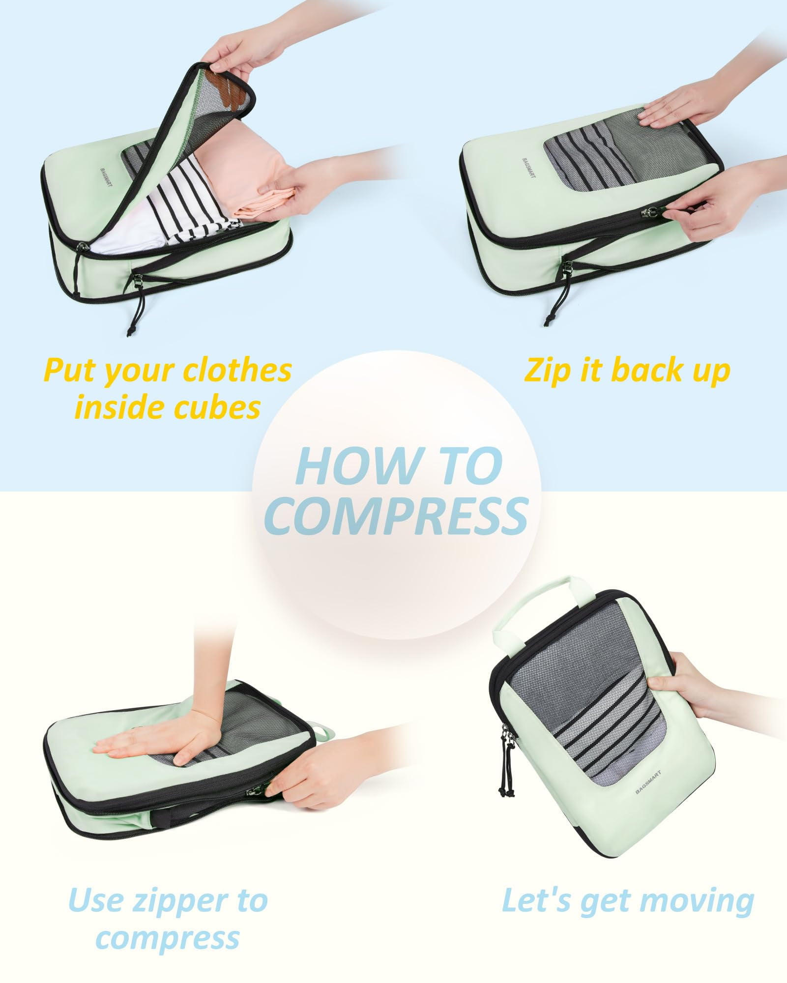 BAGSMART Compression Packing Cubes for Travel Luggage, 6 Piece Expandable Foldable Lightweight Suitcase Organizers Bags Set for Travel Accessories Essentials, Green