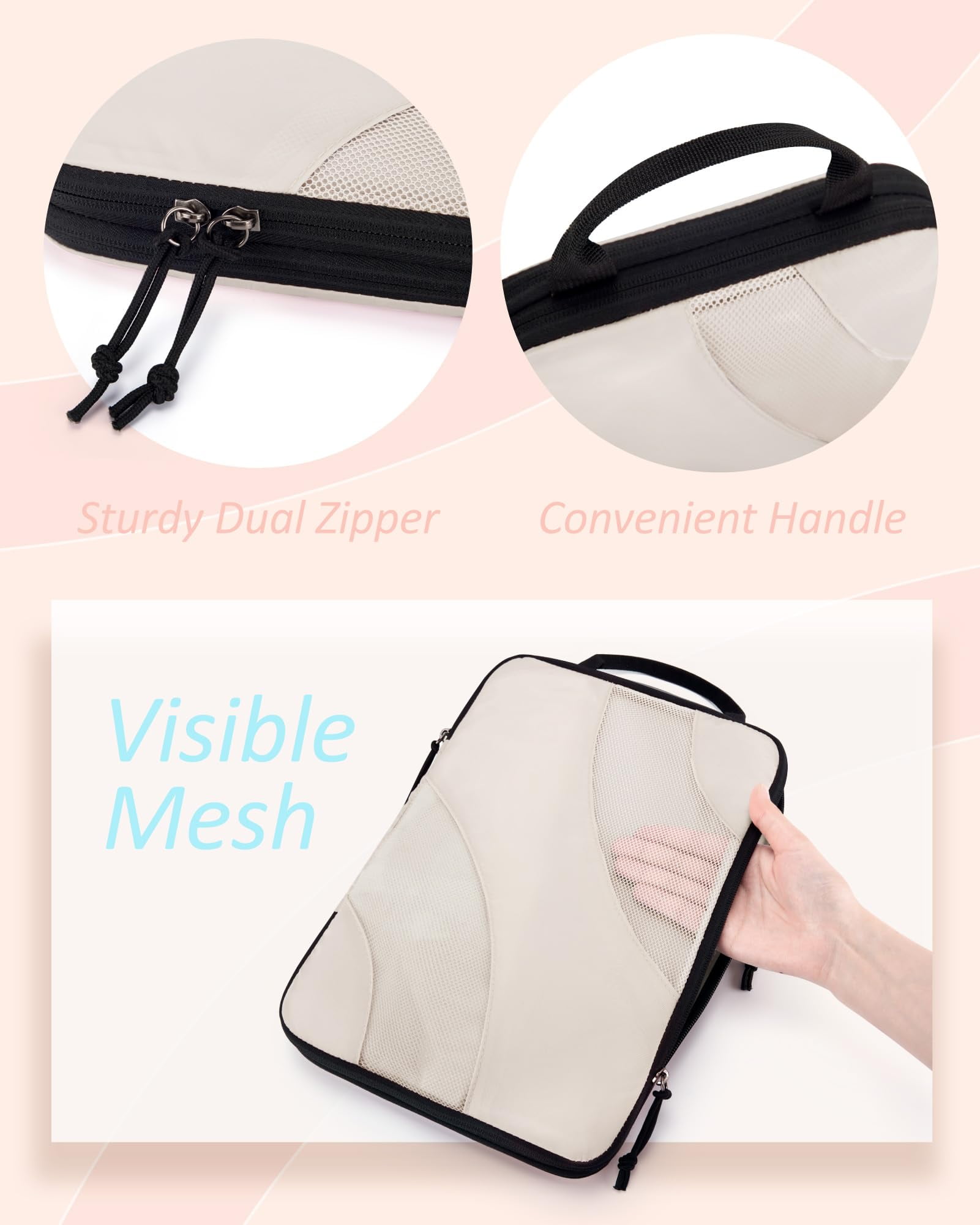 BAGSMART 6 Pcs Compression Packing Cubes, Travel Packing Organizers for Suitcases, Luggage Storage Bags Sets with Shoe Bag, Expandable Foldable Lightweight, White Opal