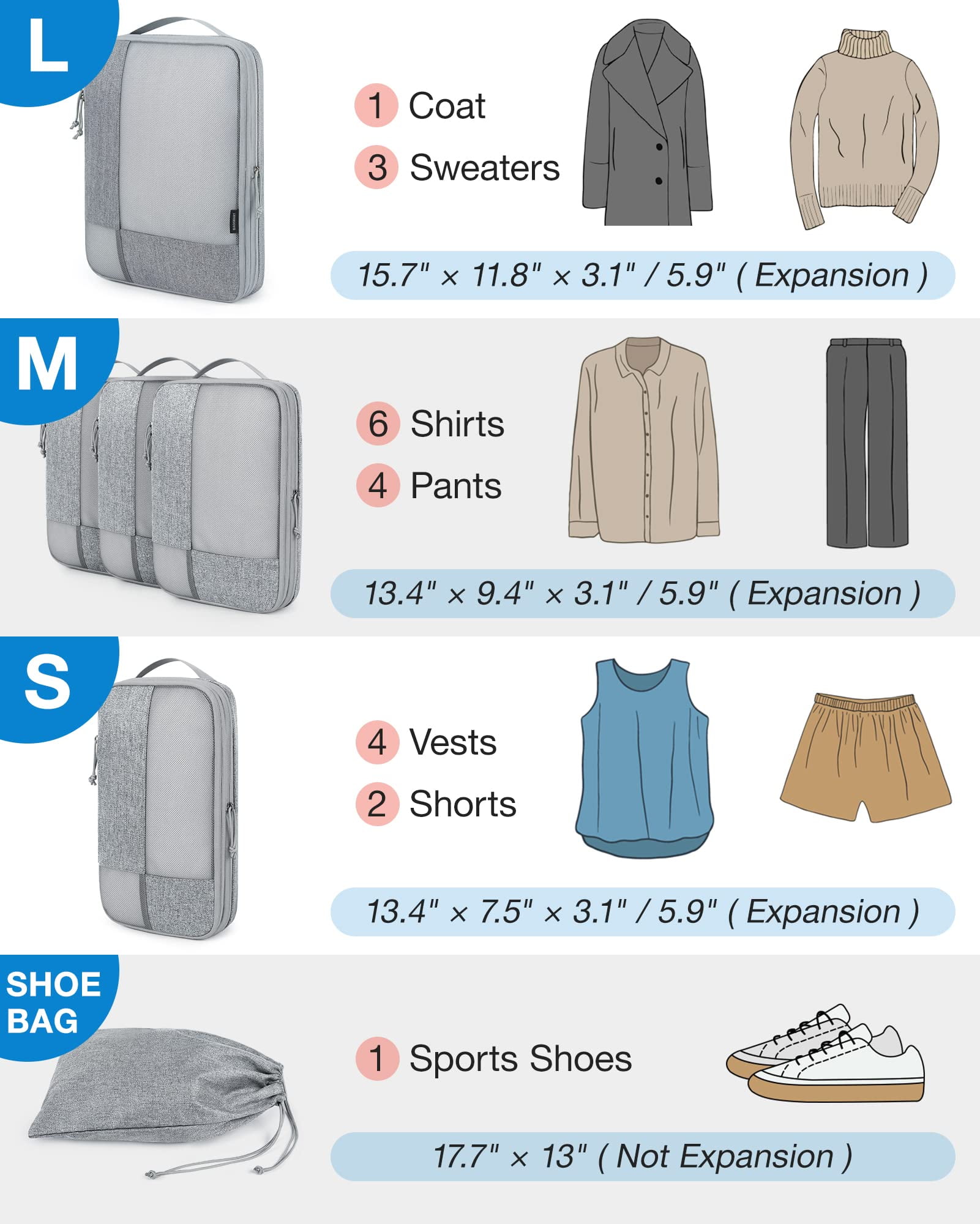 BAGSMART Compression Packing Cubes for Travel, 6 Set Expandable Foldable Lightweight Luggage Suitcase Organizers Storage Bags for Travel Accessories Essentials, Gray