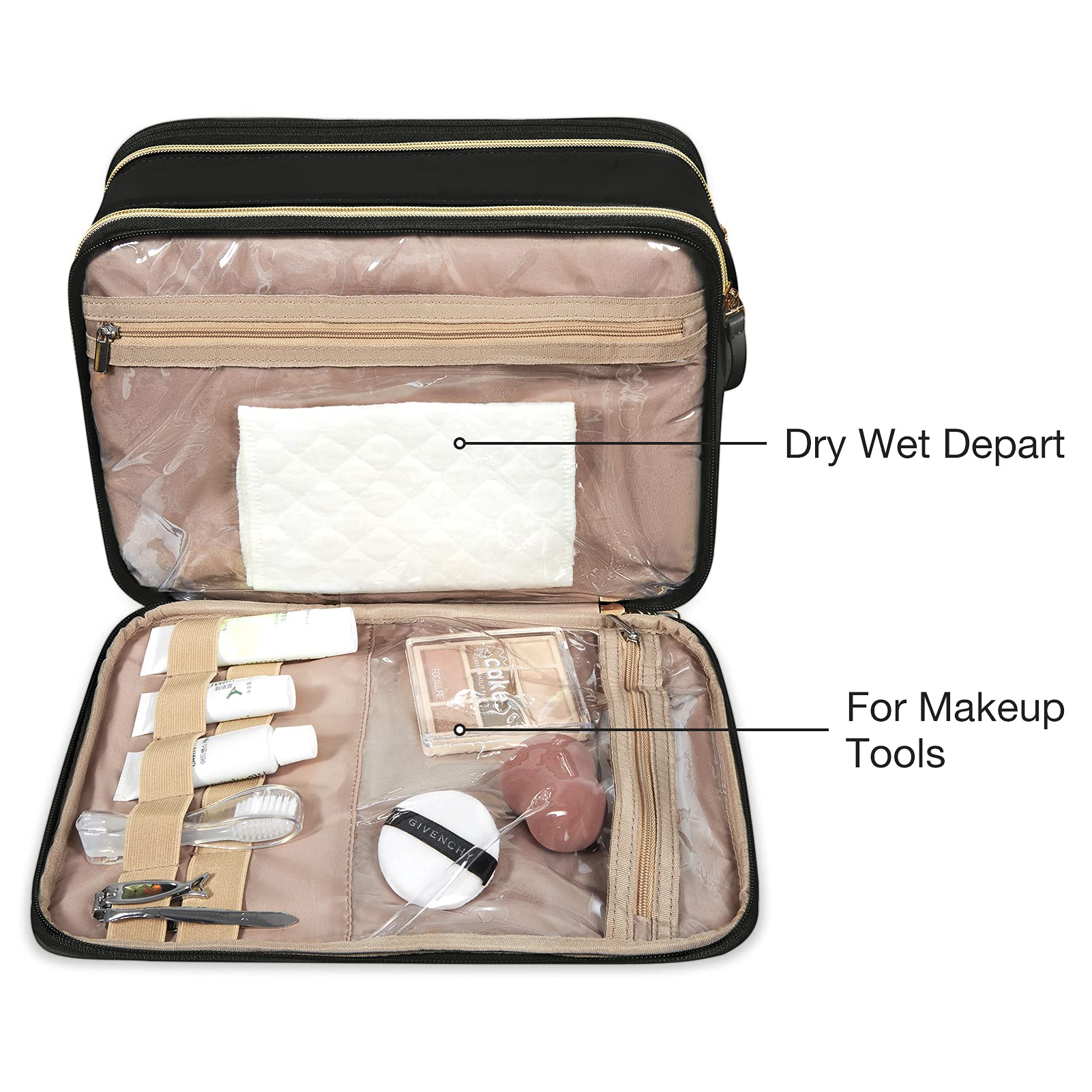 BAGSMART Large Size Travel Toiletry Bag Organizer, Water-resistant Makeup Cosmetic Bag for Toiletries Accessories Essentials, Shampoo, Full Sized Container, Women & Men, Black