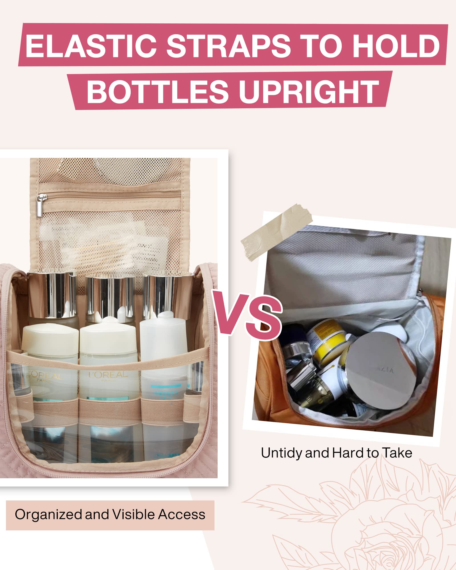 BAGSMART Full Sized Travel Toiletry Bag, Water-resistant Cosmetic Makeup Bag with Hanging Hook, Large Capacity Travel Toiletries Organizer Accessories Essentials for Women & Men, Pink