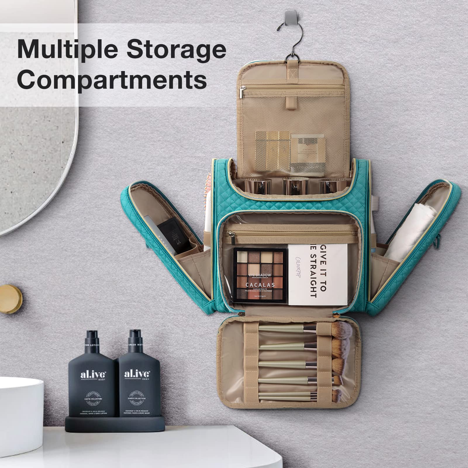 BAGSMART Large Capacity Travel Toiletry Bag, Water-resistant Makeup Cosmetic Bag with Hanging Hook, Travel Toiletries Accessories Organizer Essentials, Full Sized Container, Blue