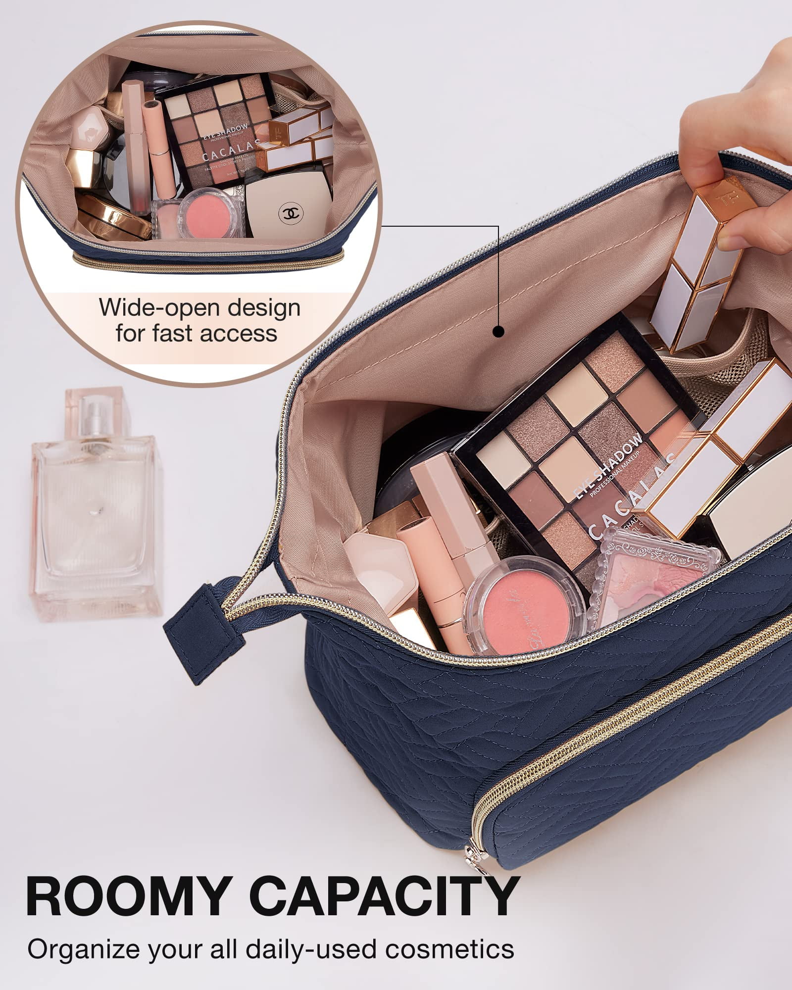 BAGSMART Large Size Makeup Bag Cosmetic Pouch, Travel Toiletry Bag Organizer Case for Lipsticks Electonic Accessories, Waterproof, Portable, Multifunction, Women and Girls, Dark Blue