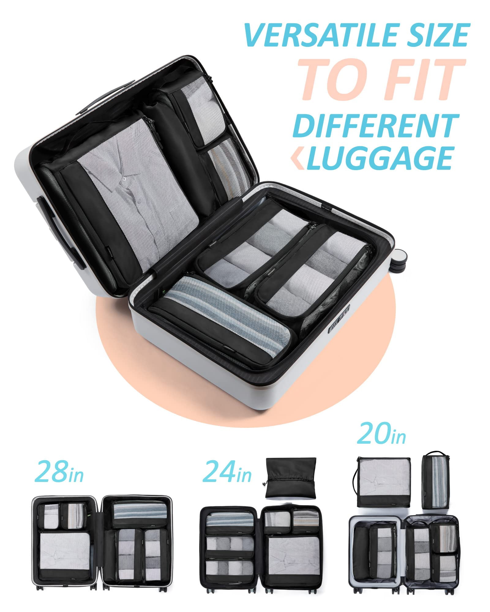 BAGSMART Packing Cubes for Luggage, 7 Set Keep Shape Travel Packing Organizers, Lightweight Suitcase Storage Bags for Travel Accessories with Shoe Bag for Women Men, Black