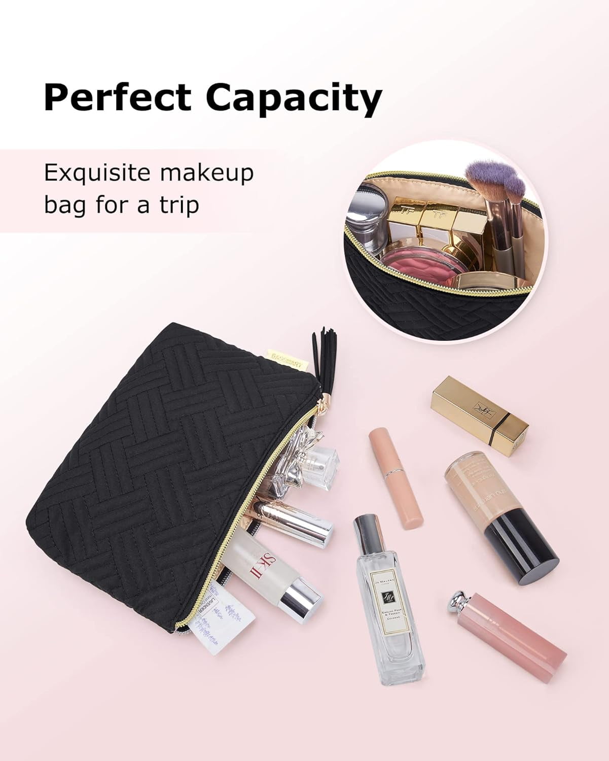 BAGSMART Makeup Bag Small Cosmetic Pouch Toiletry Bag Travel Organizer Case for Lipsticks Electonic Accessories, Waterproof, Portable, Multifunction, Women and Girls, 1 Pcs Black
