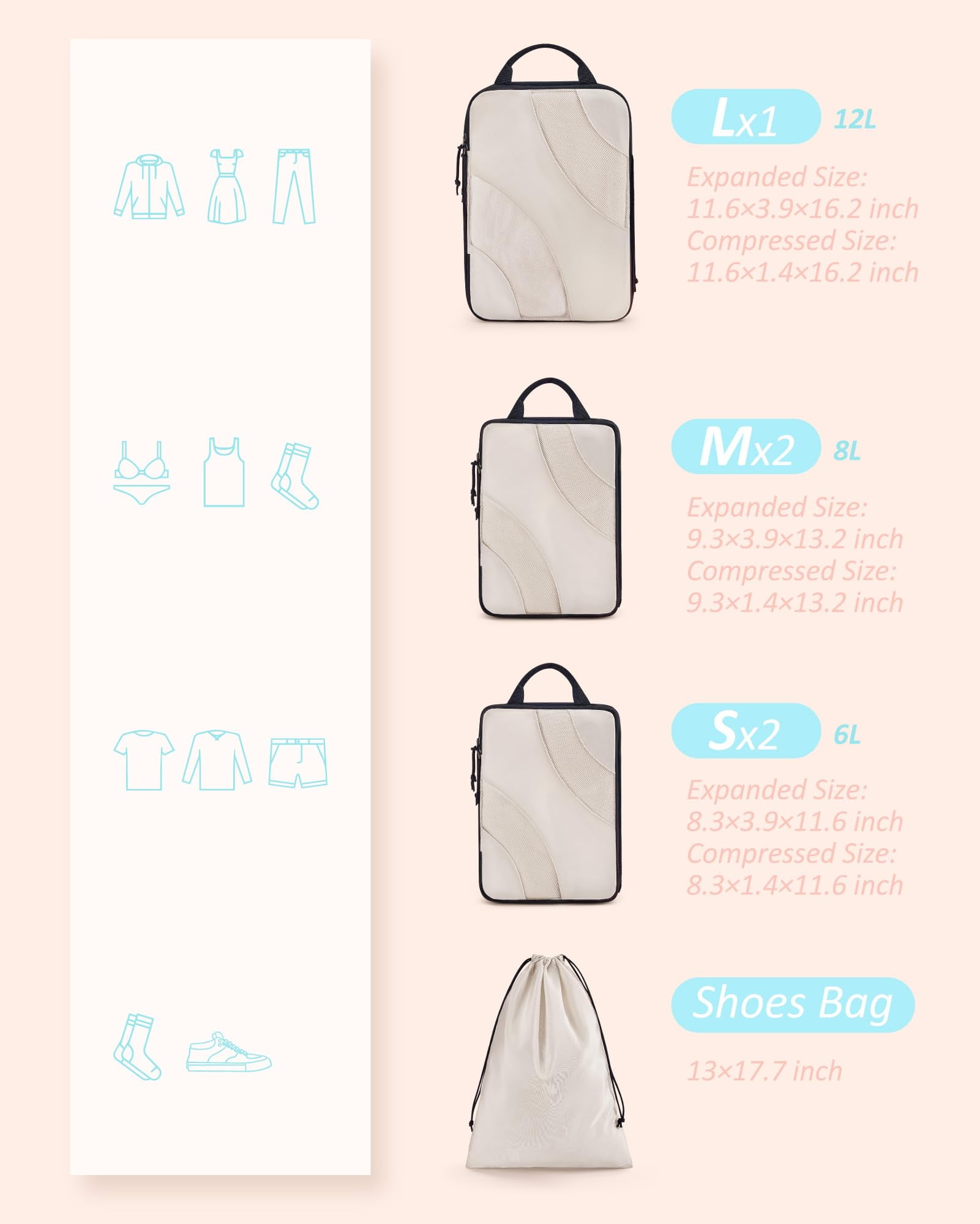 BAGSMART 6 Pcs Compression Packing Cubes, Travel Packing Organizers for Suitcases, Luggage Storage Bags Sets with Shoe Bag, Expandable Foldable Lightweight, White Opal