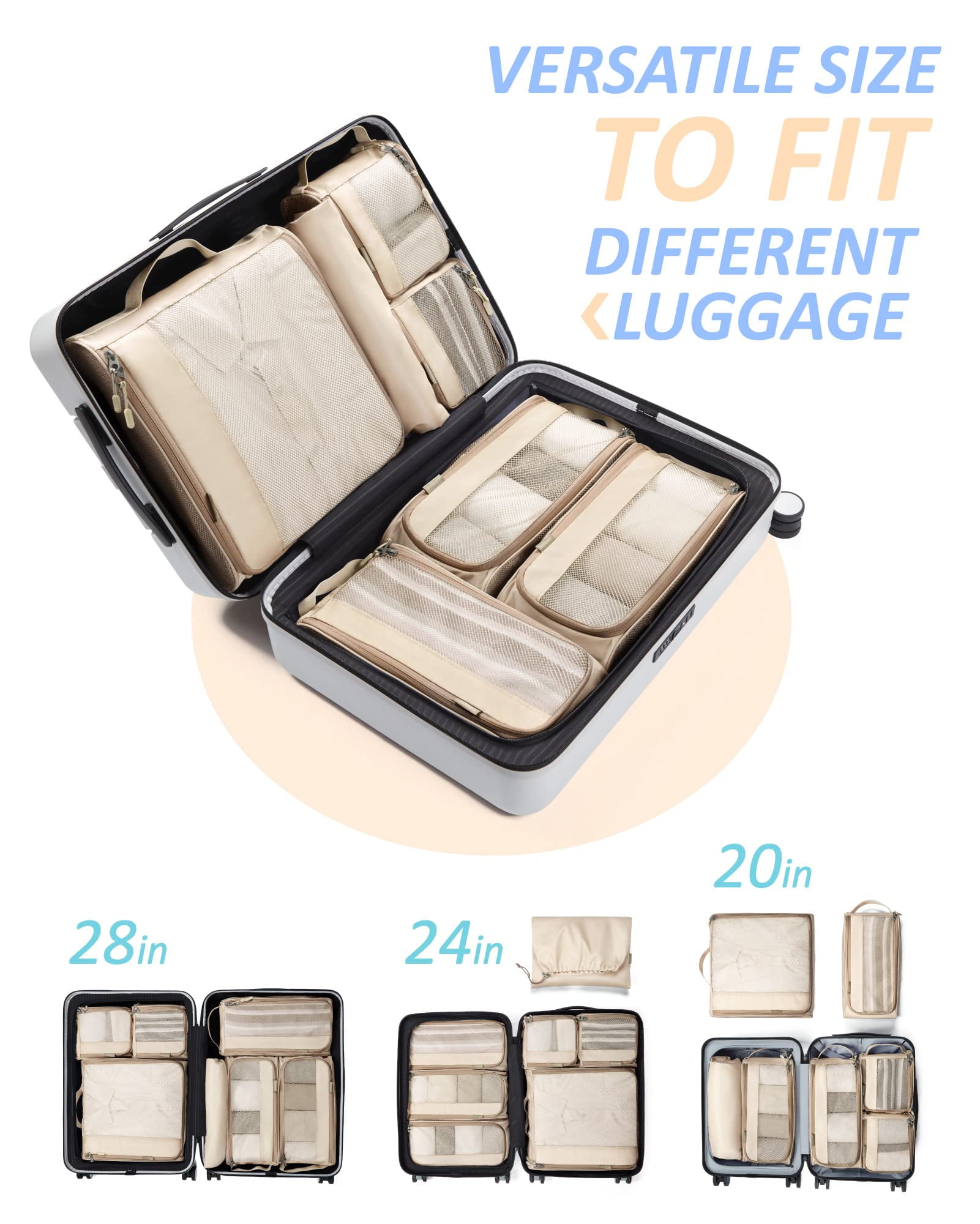 BAGSMART Packing Cubes for Luggage, 7 Set Keep Shape Travel Packing Organizers, Lightweight Suitcase Storage Bags for Travel Accessories with Shoe Bag for Women Men, White Opal