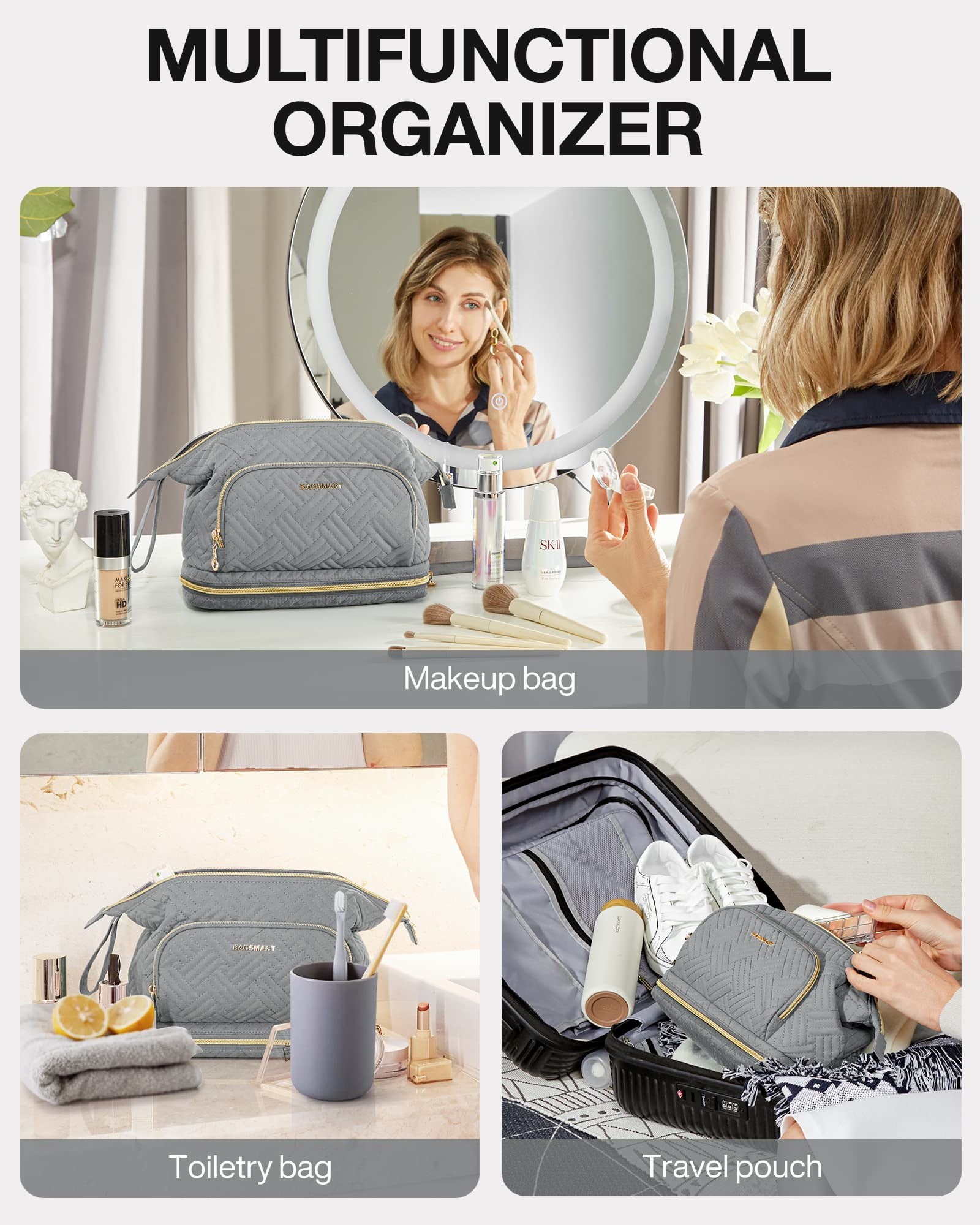BAGSMART Double Layers Makeup Bag Cosmetic Pouch, Travel Toiletry Bag Organizer Case for Lipsticks Electonic Accessories, Waterproof, Portable, Multifunction, Women and Girls, Gray