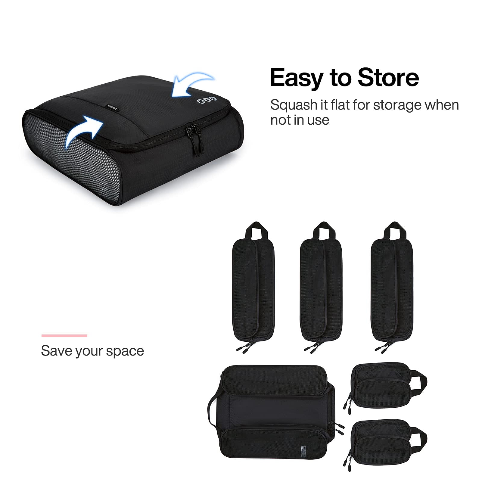 BAGSMART 6 Piece Packing Cubes Set for Travel, Suitcases Packing Organizers, Lightweight Luggage Storage Bags for Men Women, Black