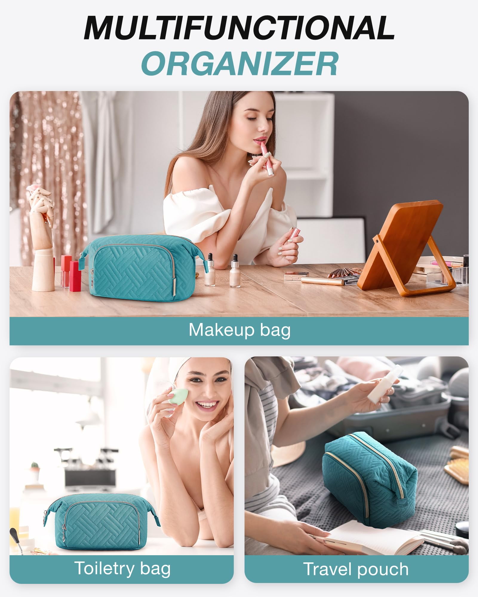 BAGSMART Makeup Bag Cosmetic Pouch, Large Capacity Travel Toiletry Bag Organizer Case for Lipsticks Electonic Accessories, Waterproof, Portable, Multifunction, Women and Girls, Basic-Blue