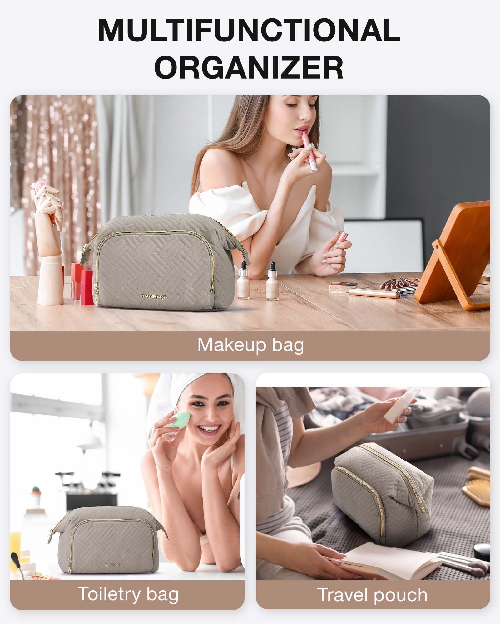 BAGSMART Makeup Bag Cosmetic Pouch, Large Capacity Travel Toiletry Bag Organizer Case for Lipsticks Electonic Accessories, Waterproof, Portable, Multifunction, Women and Girls, Basic-Tranquil Gray