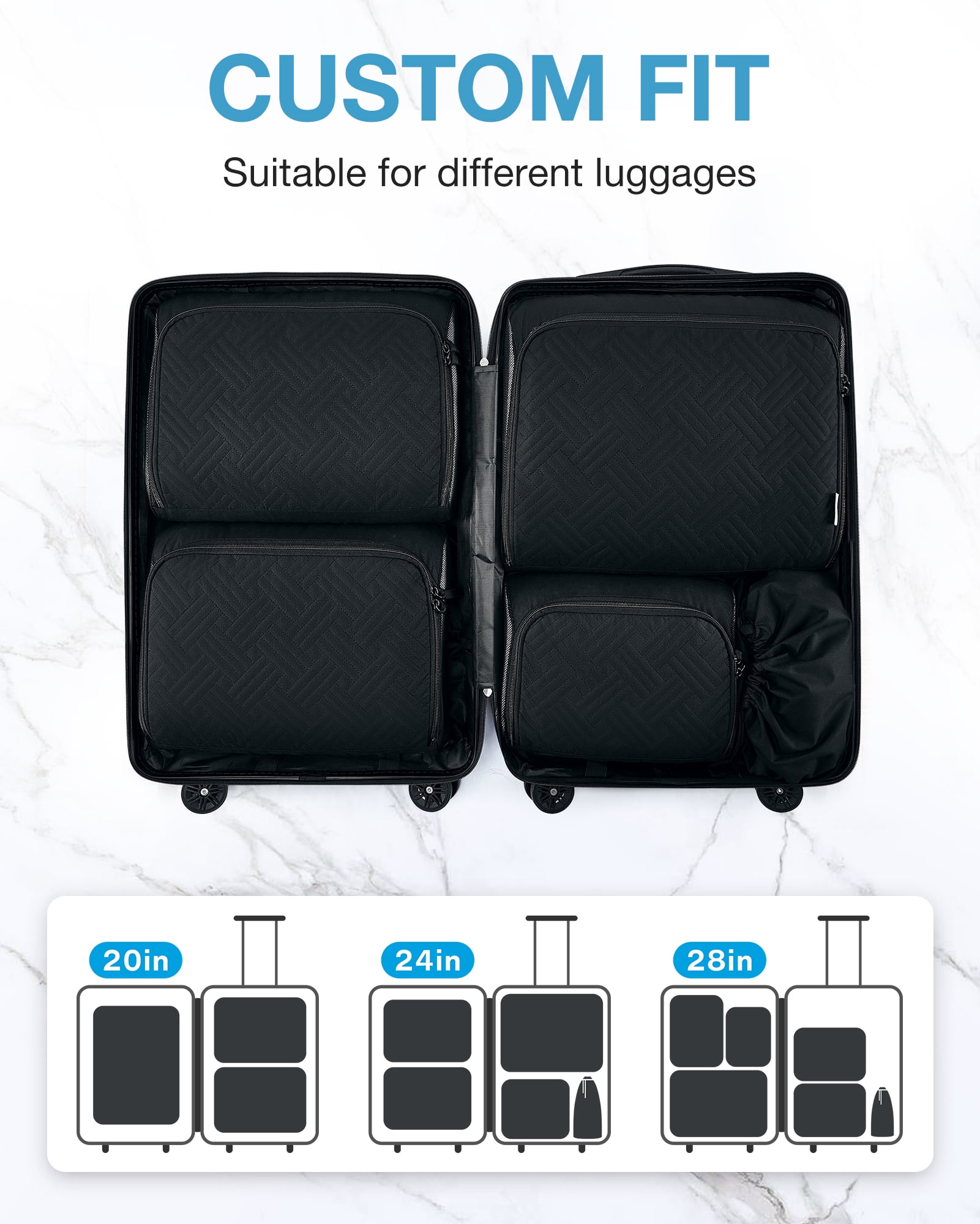 BAGSMART Soft Packing Cubes for Luggage, 6 Set Quilted Travel Packing Organizers, Lightweight Suitcase Storage Bags for Travel Accessories Essentials for Women Men, Black