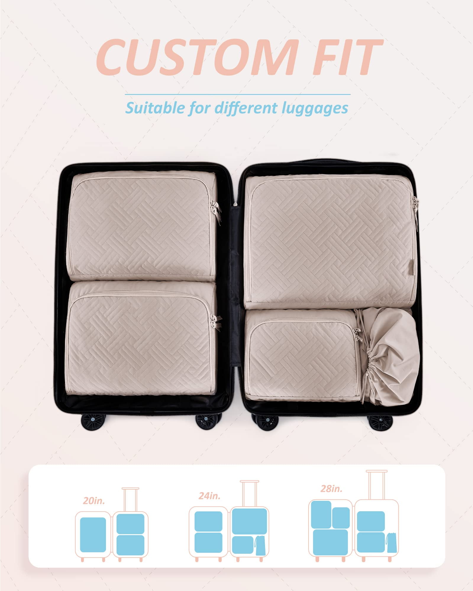 BAGSMART Soft Packing Cubes for Luggage, 6 Set Quilted Travel Packing Organizers, Lightweight Suitcase Storage Bags for Travel Accessories Essentials for Women Men, Lvory