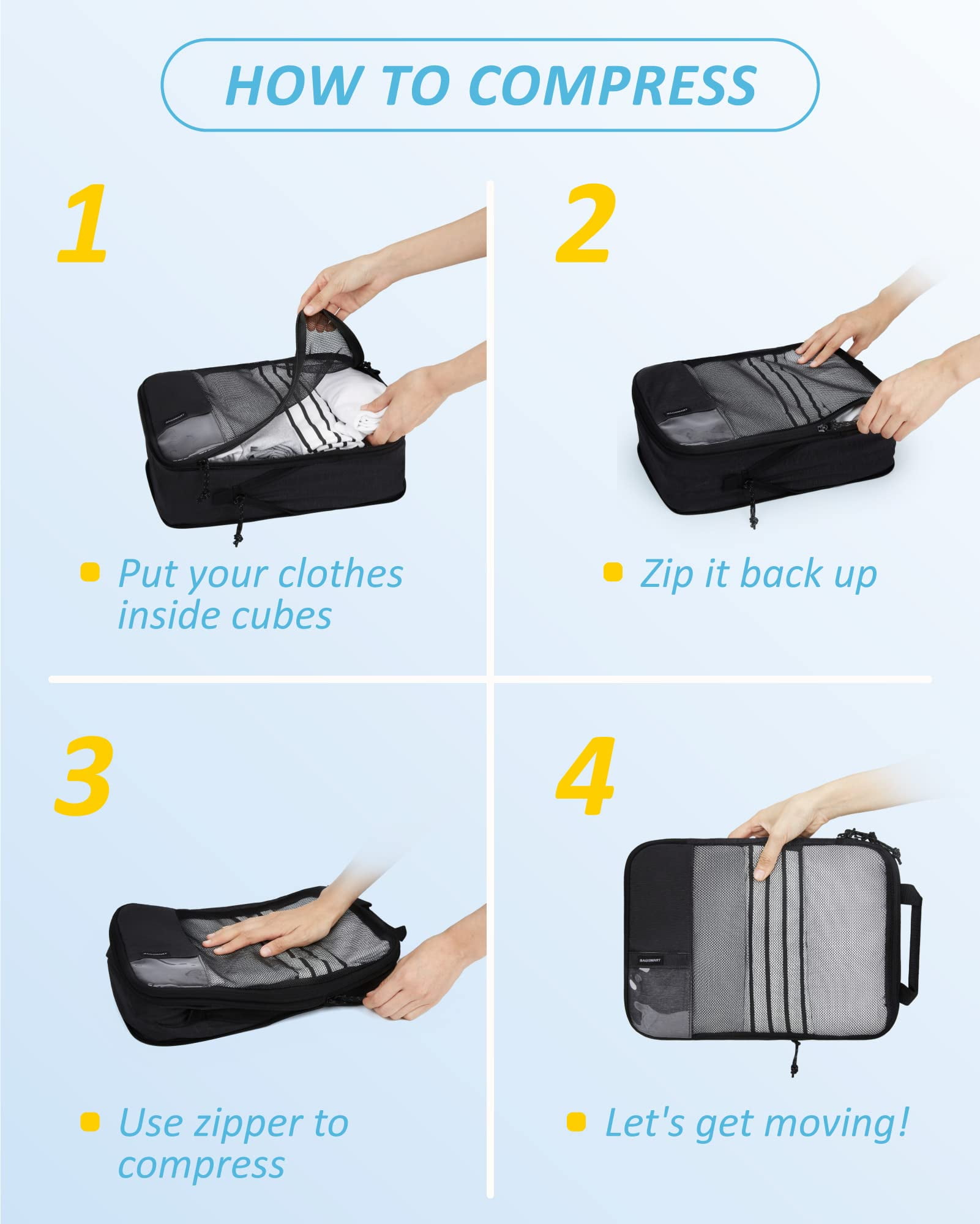 BAGSMART Compression Packing Cubes for Travel Luggage Organizers, 6 Set Expandable Foldable Lightweight Suitcase Storage Bags for Women Men, Travel Accessories Essentials, Black