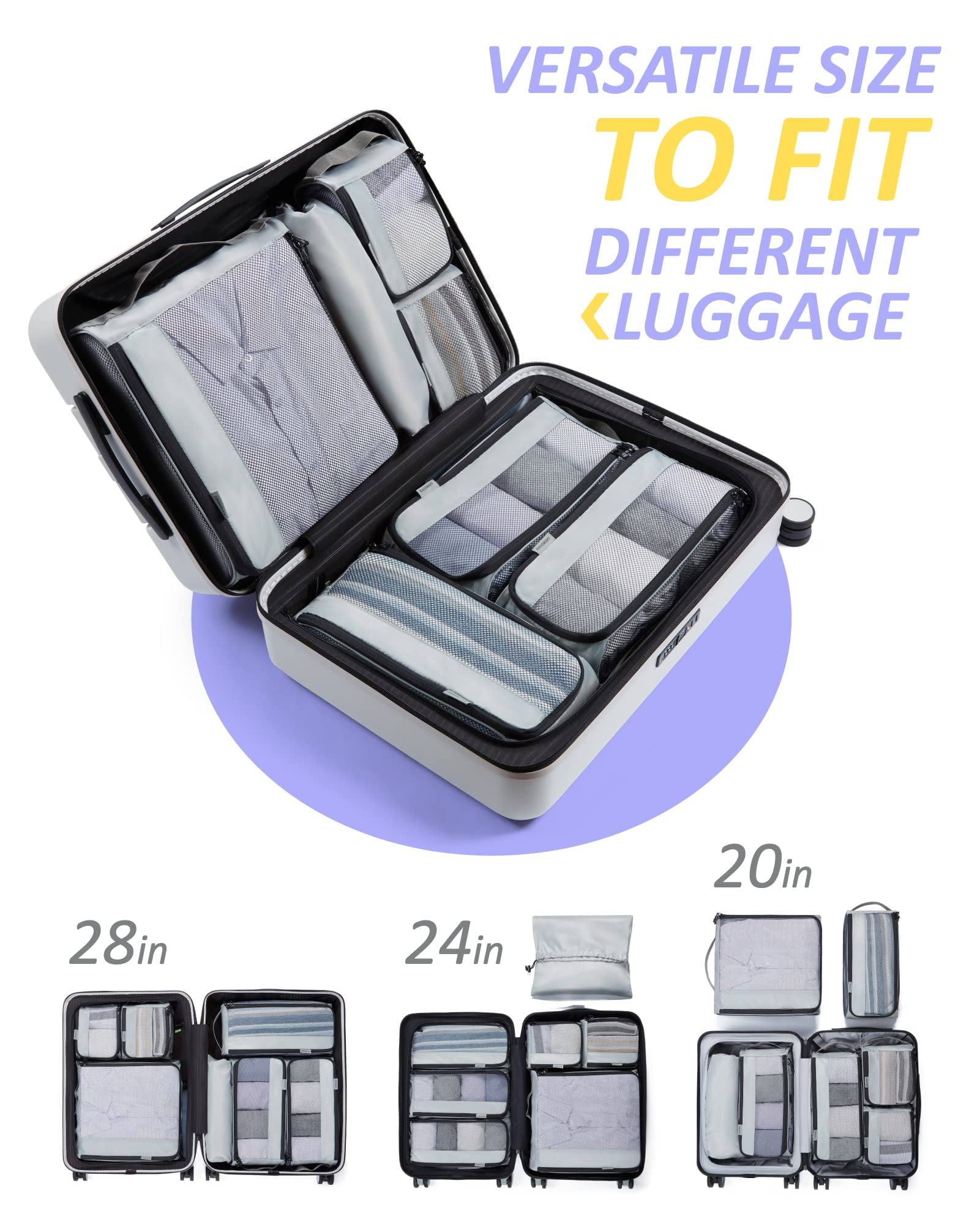 BAGSMART Packing Cubes for Luggage, 7 Set Keep Shape Travel Packing Organizers, Lightweight Suitcase Storage Bags for Travel Accessories with Shoe Bag for Women Men, Gray