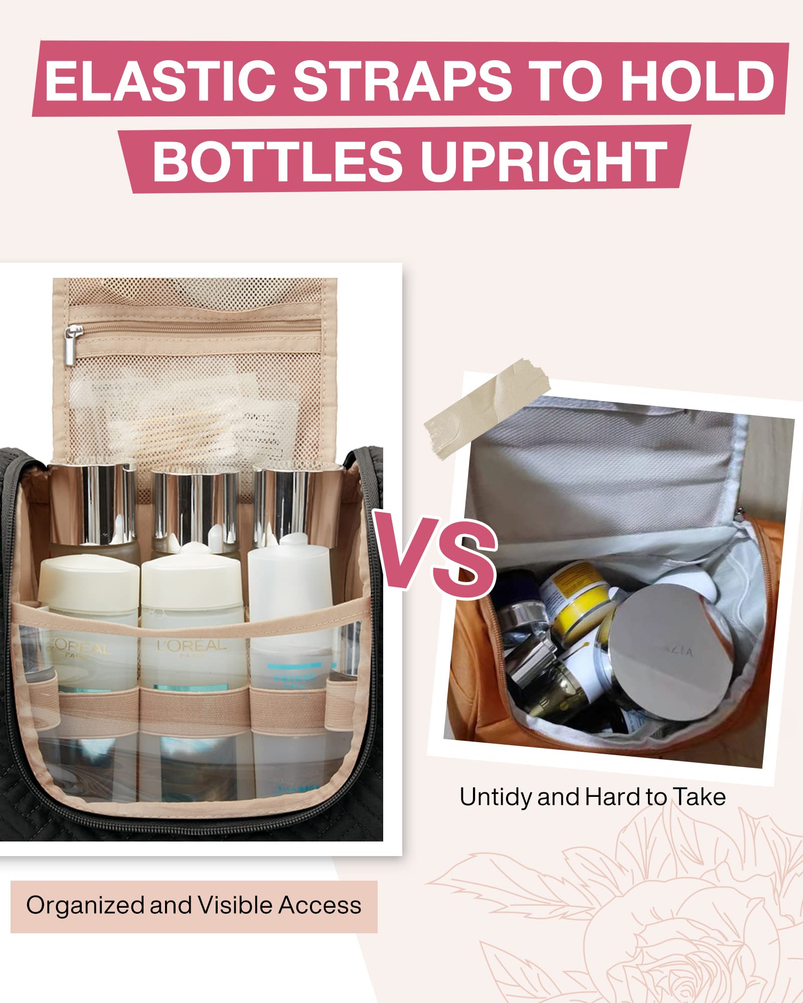 BAGSMART Full Sized Travel Toiletry Bag, Water-resistant Cosmetic Makeup Bag with Hanging Hook, Large Capacity Travel Toiletries Organizer Accessories Essentials for Women & Men, Black