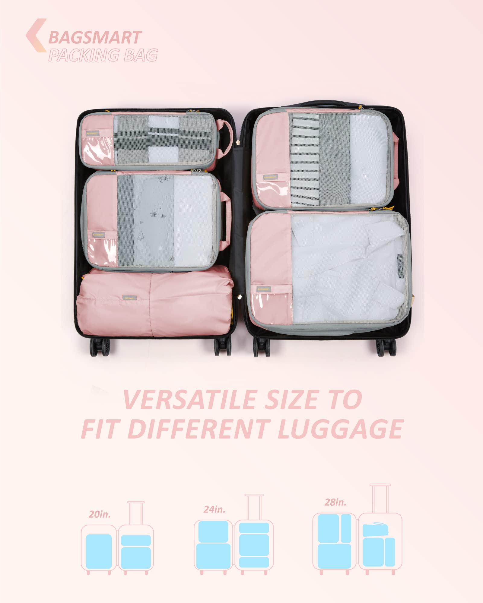 BAGSMART Compression Packing Cubes for Travel Luggage Organizers, 6 Set Expandable Foldable Lightweight Suitcase Storage Bags for Women Men, Travel Accessories Essentials, Baby Pink