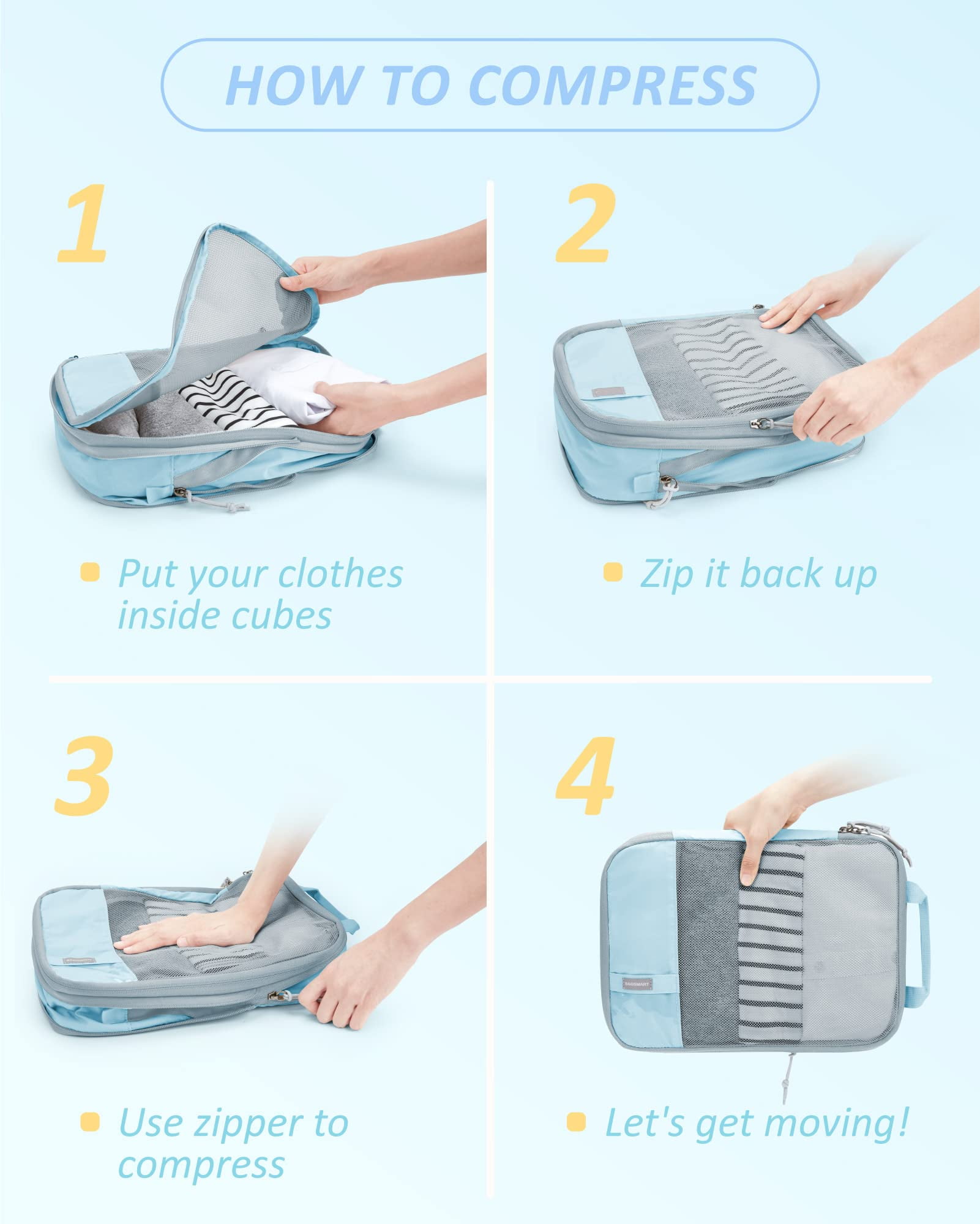 BAGSMART Compression Packing Cubes for Travel Luggage Organizers, 6 Set Expandable Foldable Lightweight Suitcase Storage Bags for Women Men, Travel Accessories Essentials, Light Blue