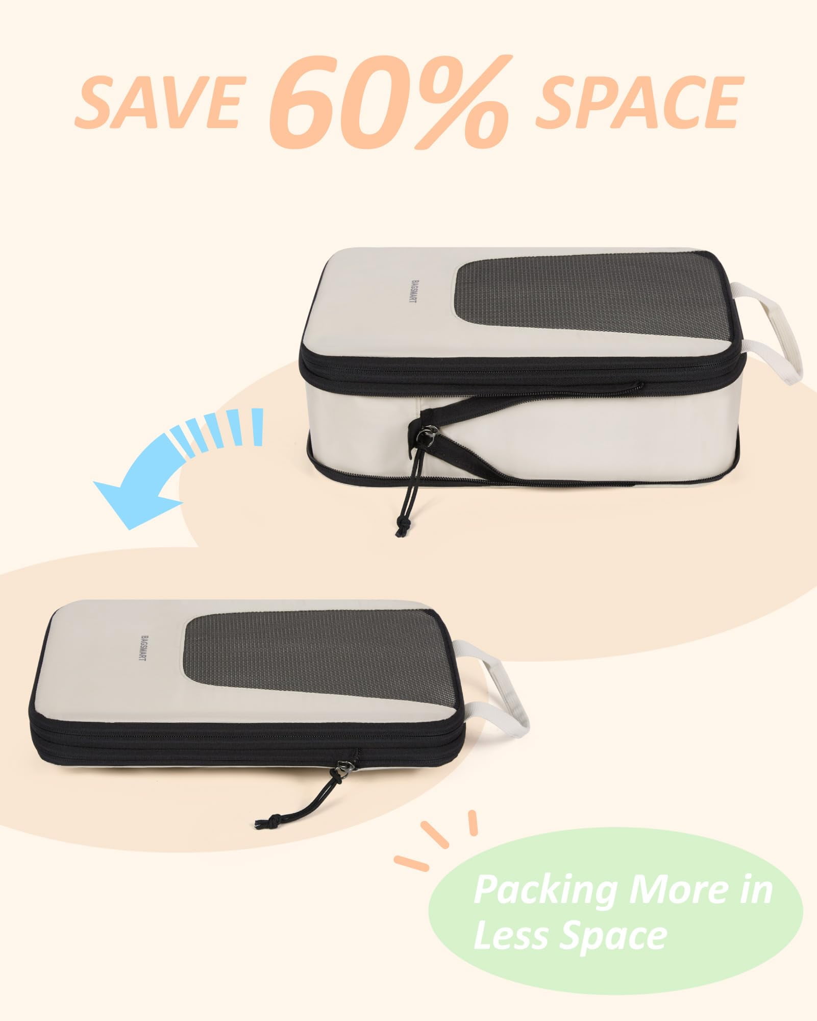 BAGSMART Set of 6 Compression Packing Cubes for Travel, Packing Organizers for Suitcases, Luggage Storage Bags Sets with Shoe & Laundry Bag, Expandable Foldable Lightweight, White Opal