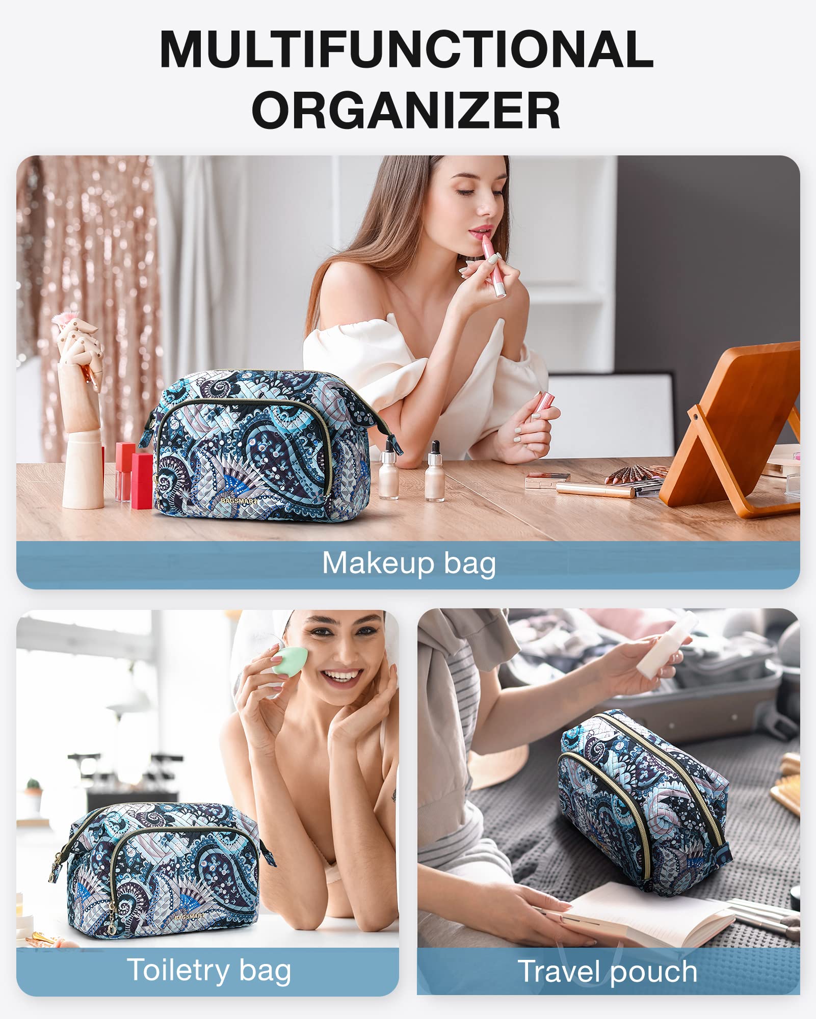 BAGSMART Large Size Makeup Bag Cosmetic Pouch, Travel Toiletry Bag Organizer Case for Lipsticks Electonic Accessories, Waterproof, Portable, Multifunction, Women and Girls, Paisley Black