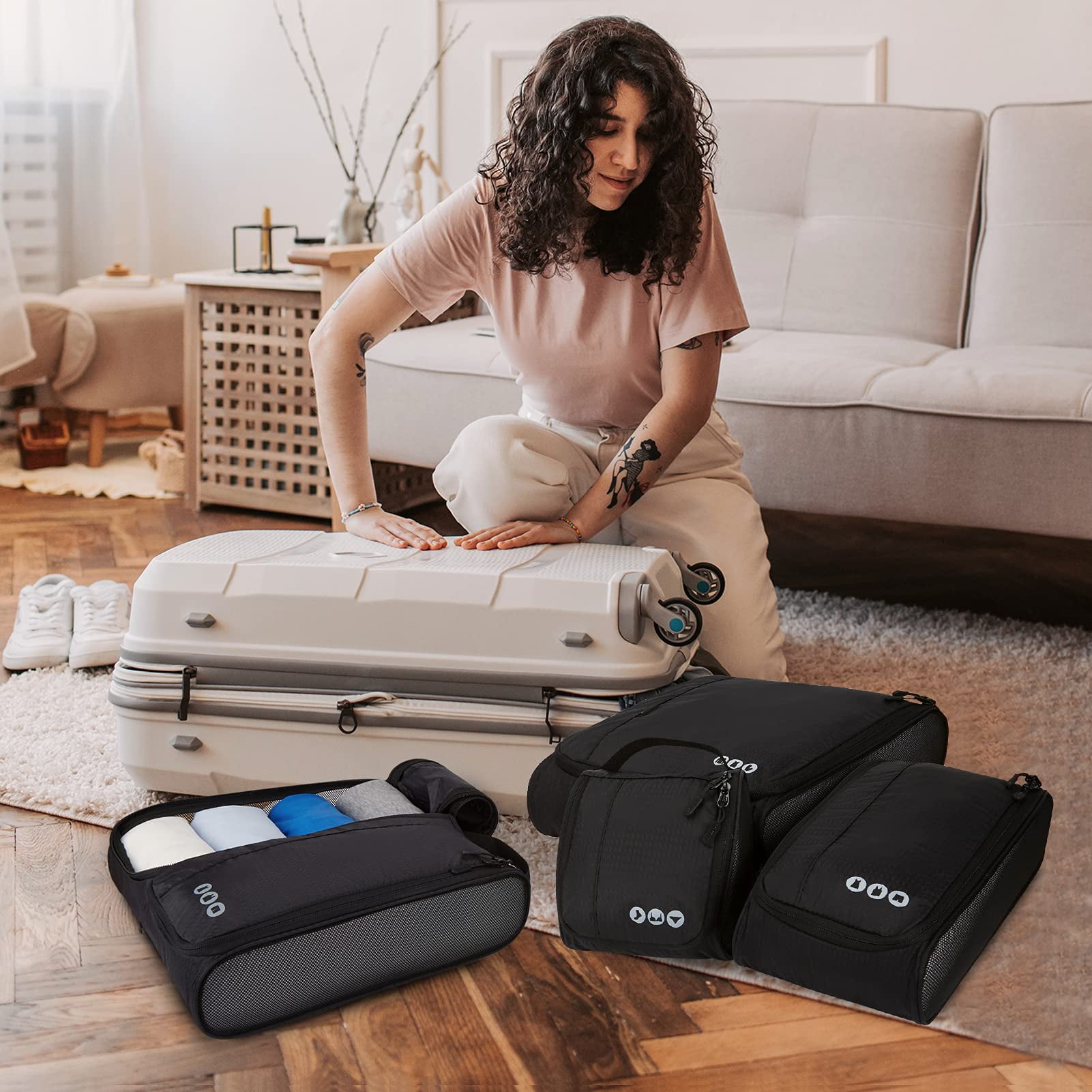 BAGSMART 6 Piece Packing Cubes Set for Travel, Suitcases Packing Organizers, Lightweight Luggage Storage Bags for Men Women, Black