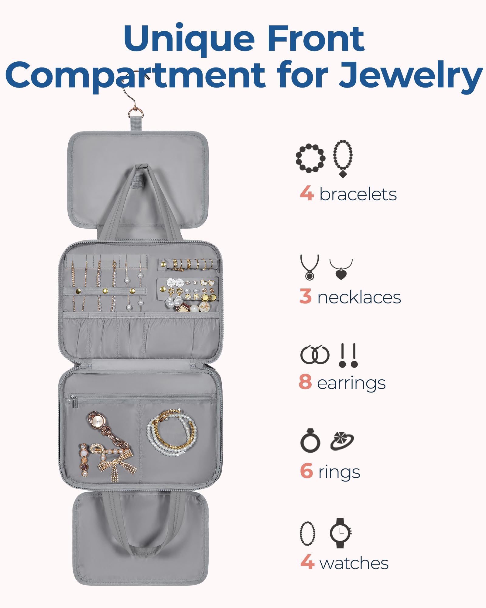 BAGSMART Travel Toiletry Bag with Jewelry Organizer, Puffy Makeup Cosmetic Bag with Hanging Hook for Toiletries Accessories Essentials, Women & Men, Medium Size-Gray