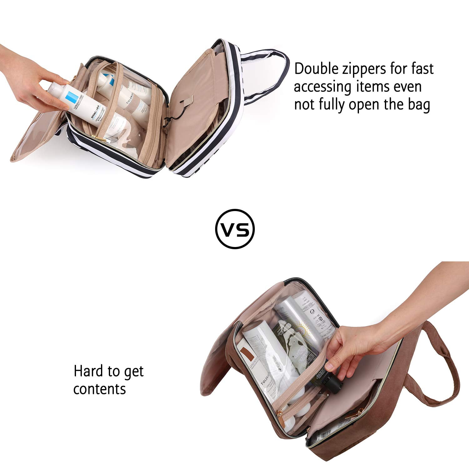 BAGSMART Full Size Toiletry Bag, Makeup Cosmetic Bag with Hanging Hook, Water-resistant Travel Organizer Bag for Women & Men, Black White Stripes