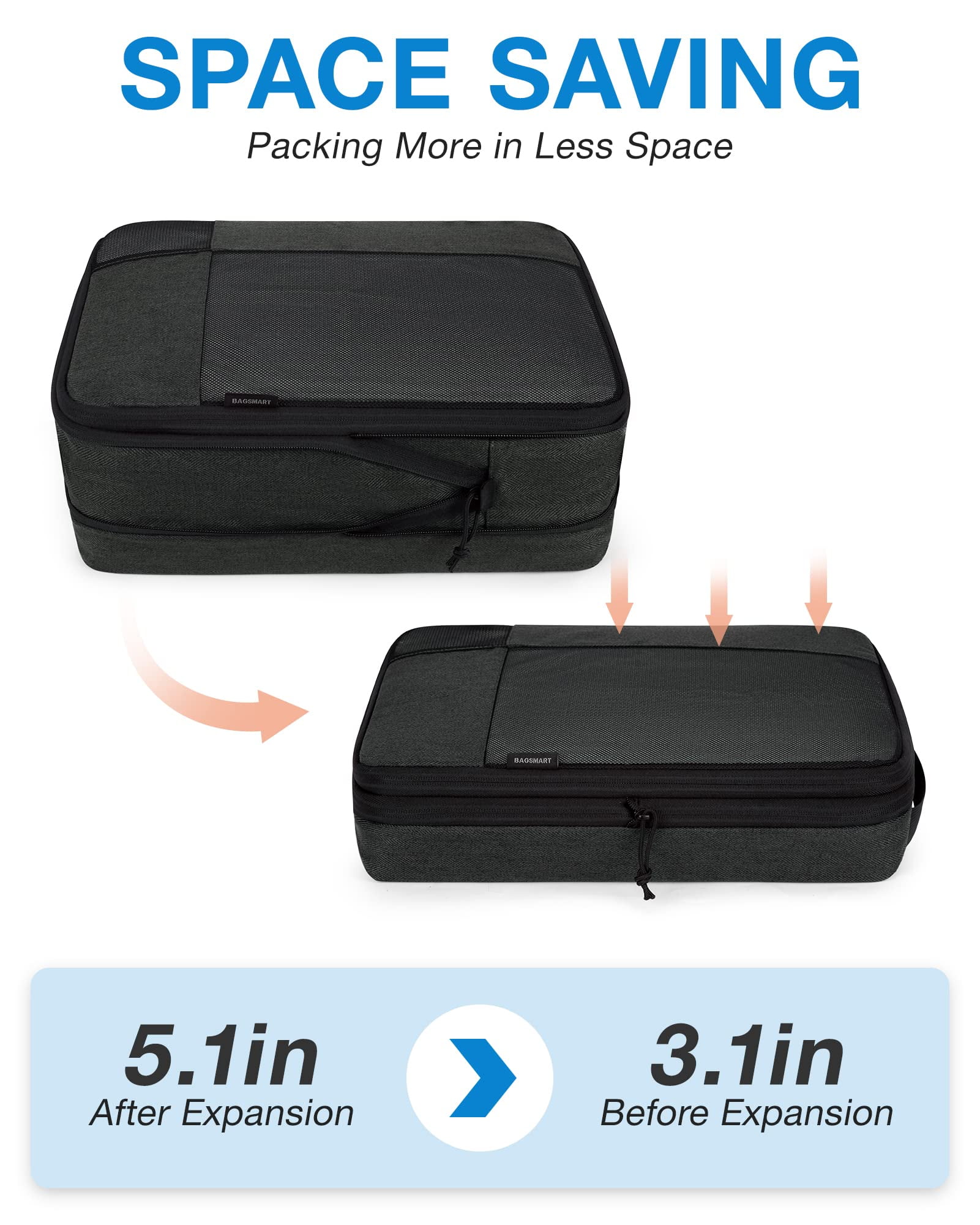 BAGSMART Compression Packing Cubes for Travel, 6 Set Expandable Foldable Lightweight Luggage Suitcase Organizers Storage Bags for Travel Accessories Essentials, Black