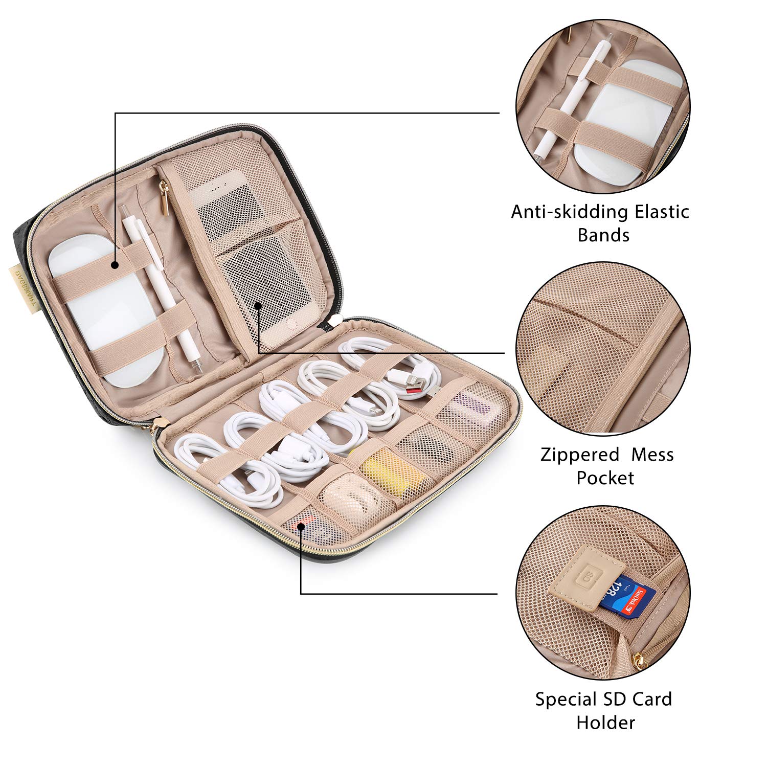 BAGSMART Travel Cable Organizer Bag Electronics Organizer Case, Waterproof Undeformable Portable Cable Storage Pouch for Electronics Accessories, Phone, Hard Drives, Cord, Charger, USB, SD Card, Black