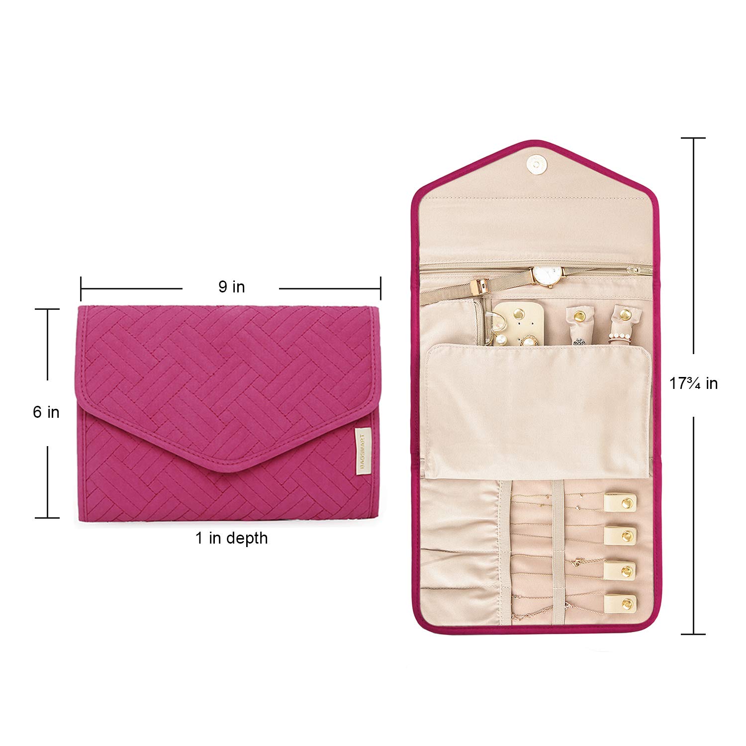 BAGSMART Travel Jewelry Organizer Storage Roll Foldable Jewelry Case Bag for Earrings, Journey-Rings, Necklaces, Bracelets, Brooches, Medium Size, Rose