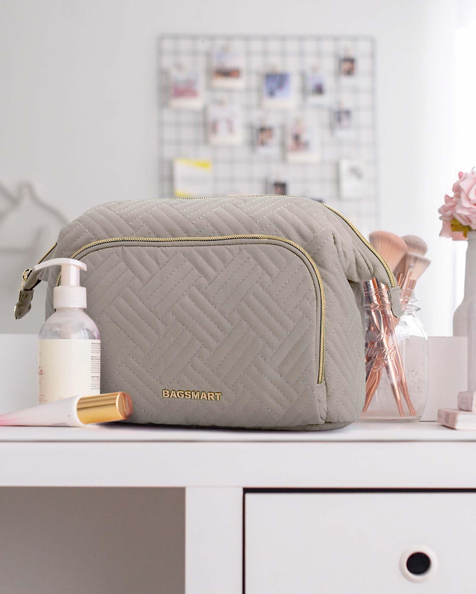 BAGSMART Makeup Bag Cosmetic Pouch, Large Capacity Travel Toiletry Bag Organizer Case for Lipsticks Electonic Accessories, Waterproof, Portable, Multifunction, Women and Girls, Basic-Tranquil Gray