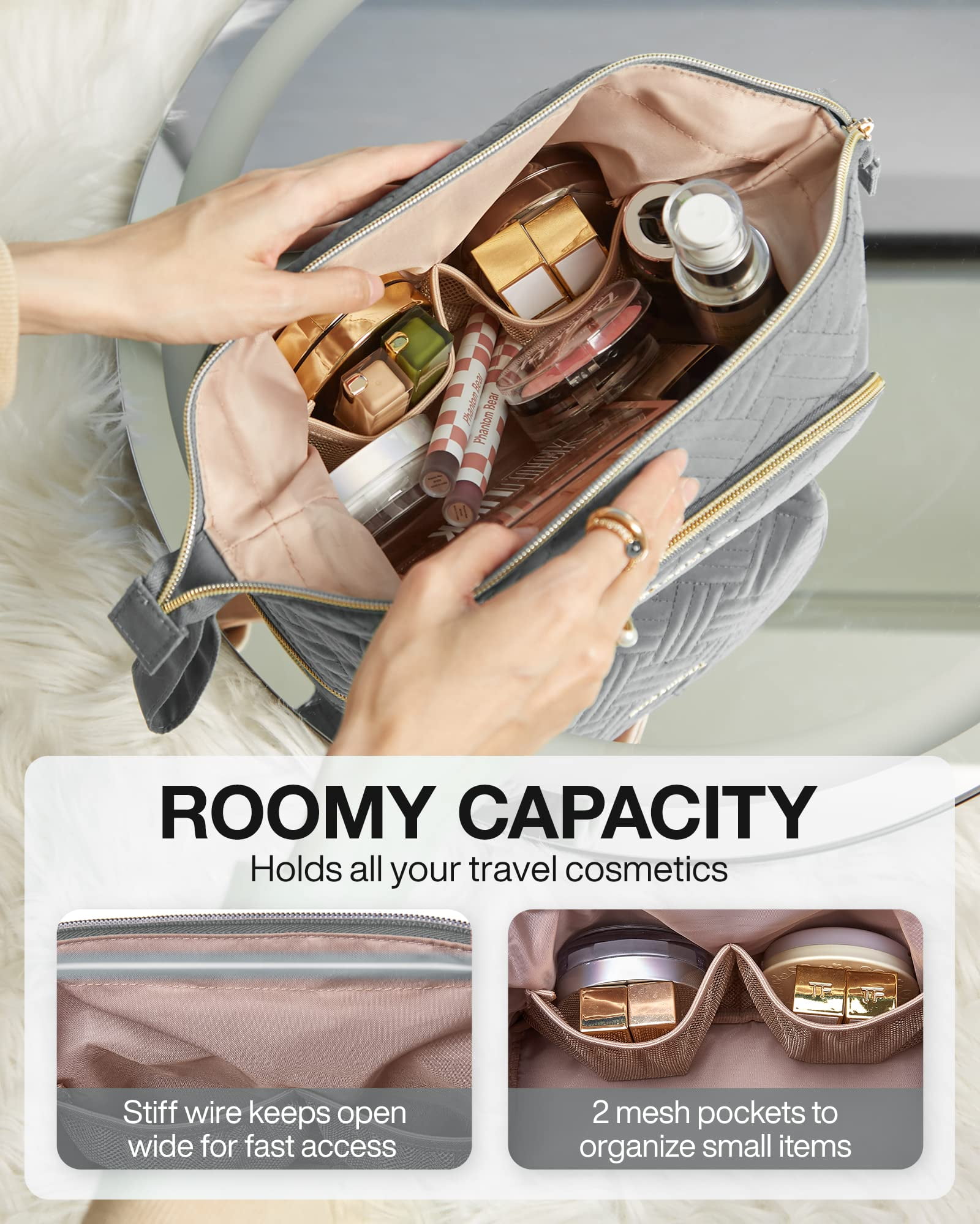 BAGSMART Double Layers Makeup Bag Cosmetic Pouch, Travel Toiletry Bag Organizer Case for Lipsticks Electonic Accessories, Waterproof, Portable, Multifunction, Women and Girls, Gray