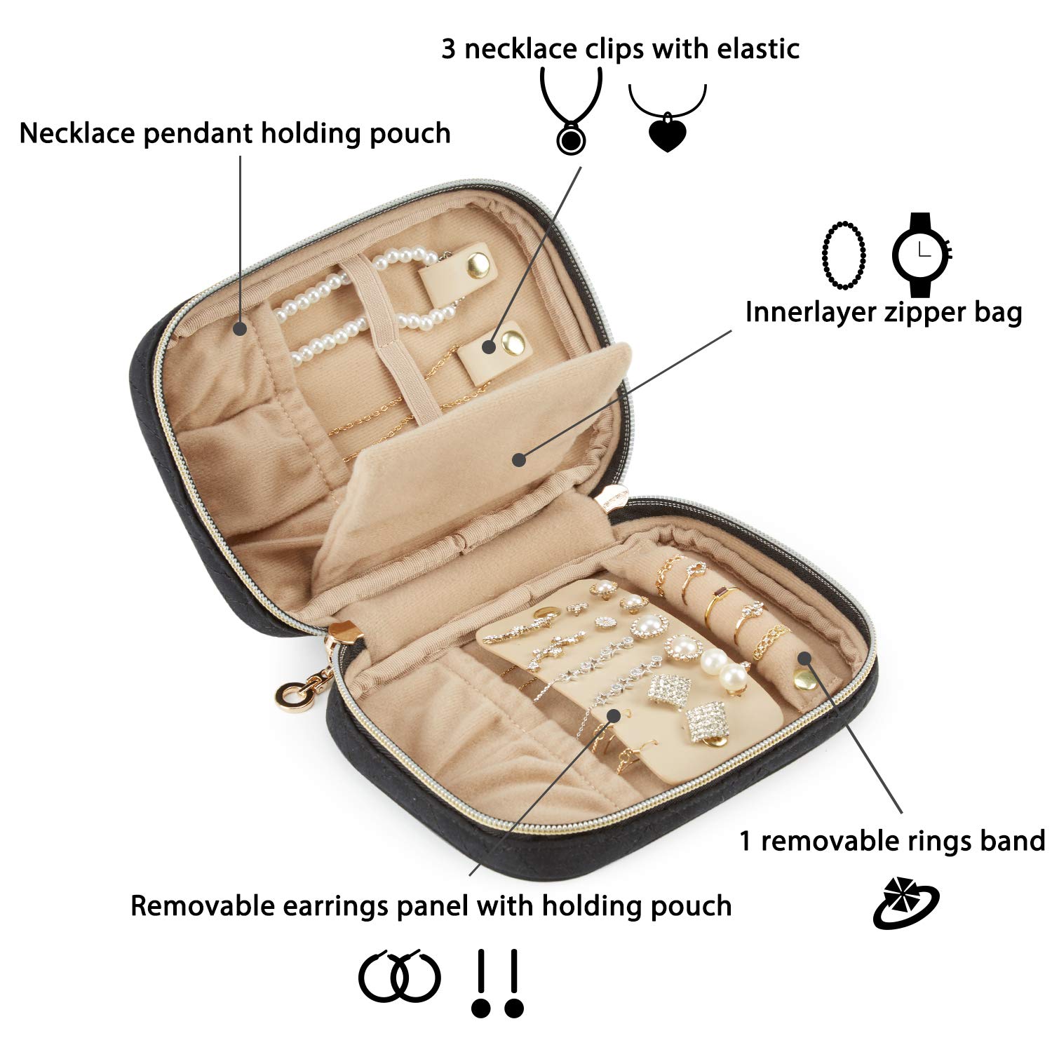 BAGSMART Jewelry Organizer Case Box Travel Jewelry Storage Bag for Earrings, Journey-Rings, Necklaces, Bracelets, Brooches, Basic Size, Black