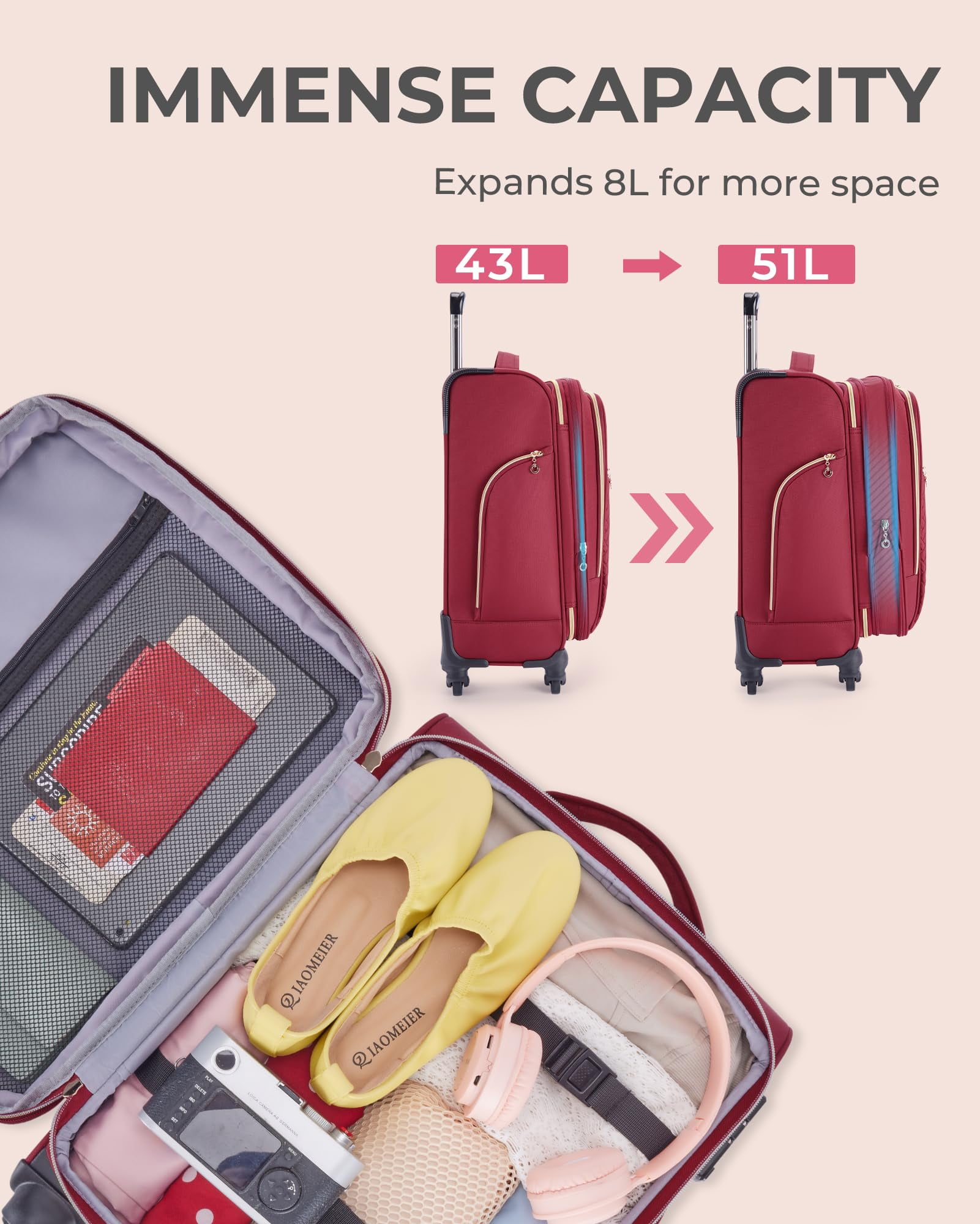 BAGSMART 2 Piece Softside Carry On Luggage Sets, 21 Inch Expandable Suitcase with Travel Duffle Boarding Bag, Lightweight Checked Luggage Airline Approved Suitcases with Spinner Wheels & TSA Lock, Red