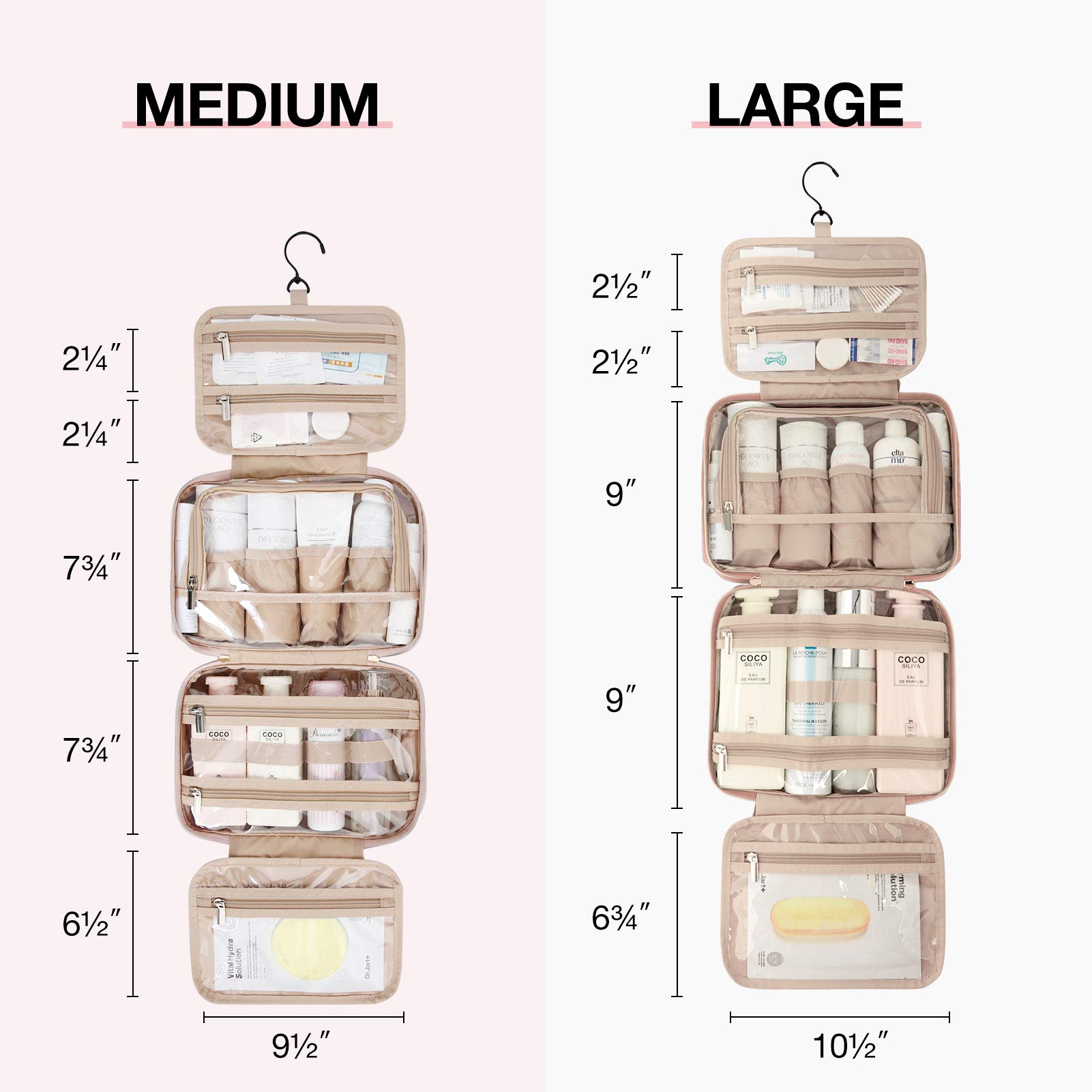 BAGSMART Travel Toiletry Bag Set with TSA Approved Transparent Cosmetic Makeup Bag, Hanging Travel Toiletries Organizer for Full Sized Accessories Essentials, Large Size, Pink