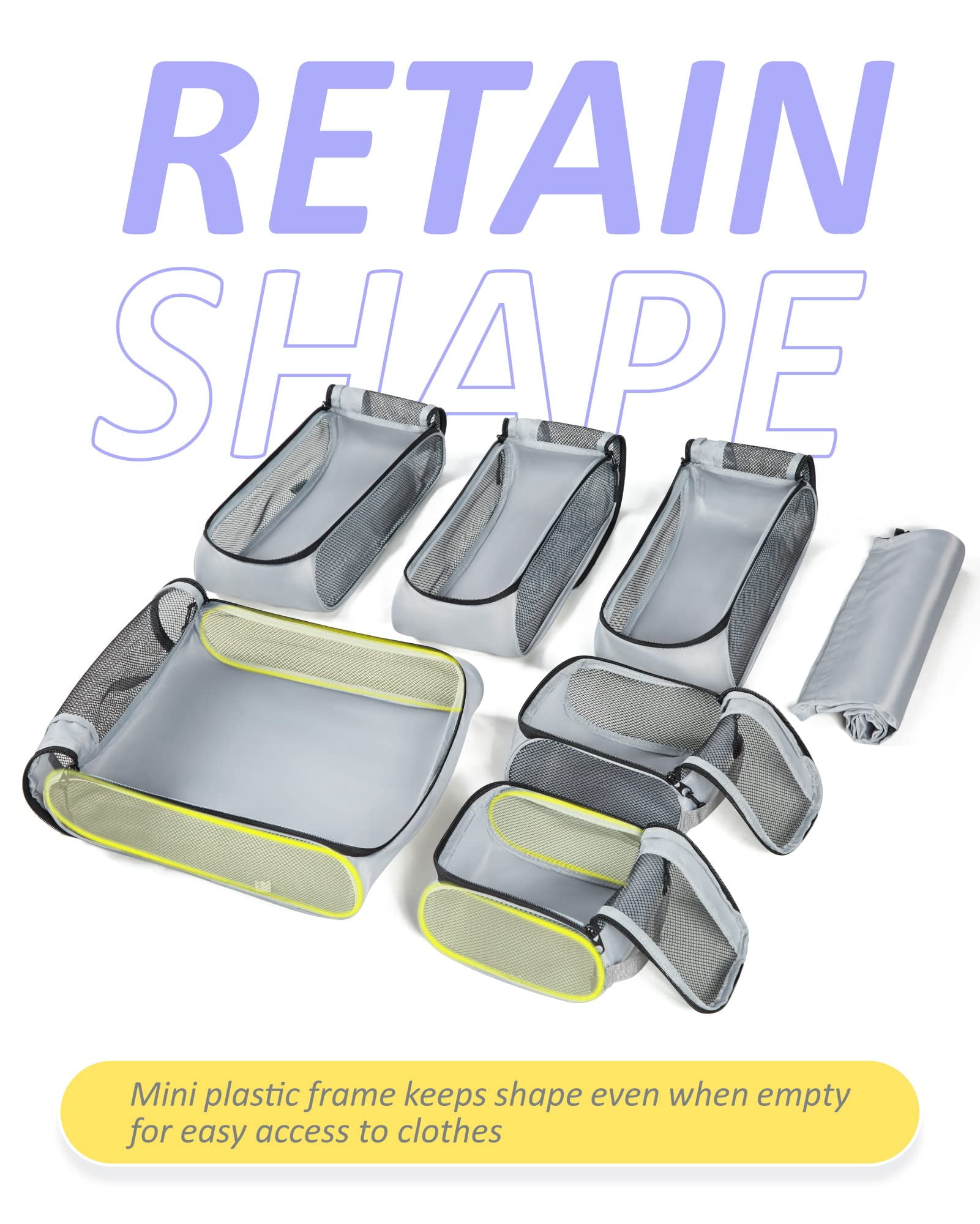 BAGSMART Packing Cubes for Luggage, 7 Set Keep Shape Travel Packing Organizers, Lightweight Suitcase Storage Bags for Travel Accessories with Shoe Bag for Women Men, Gray