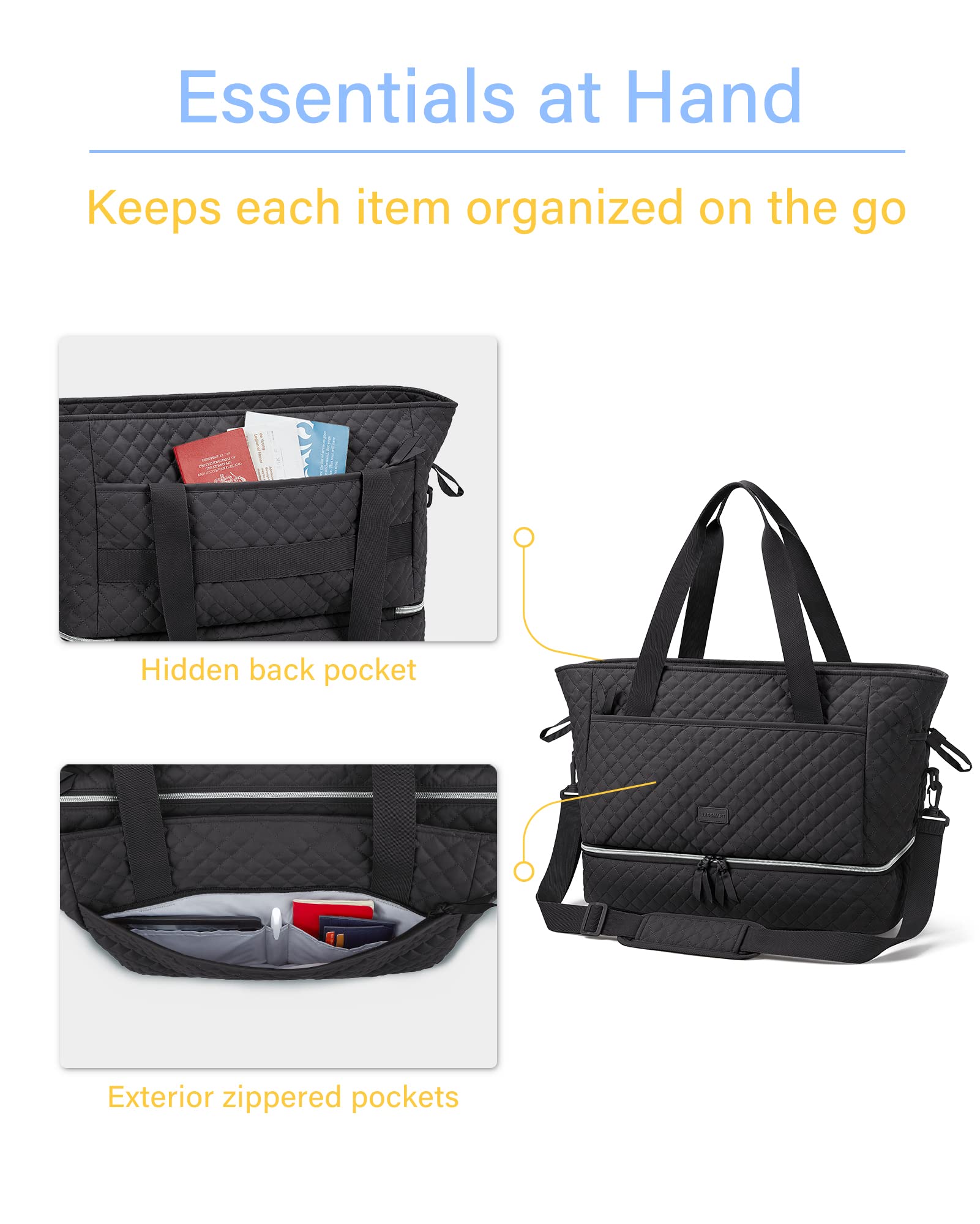 BAGSMART Weekender Overnight Bag for Women Tote Bag, 39L Large Travel Duffle Bag Carry On Gym Bag with Luggage Sleeve and Shoe Compartment, Ladies Shoulder Handbags Top Handle Purses, Black